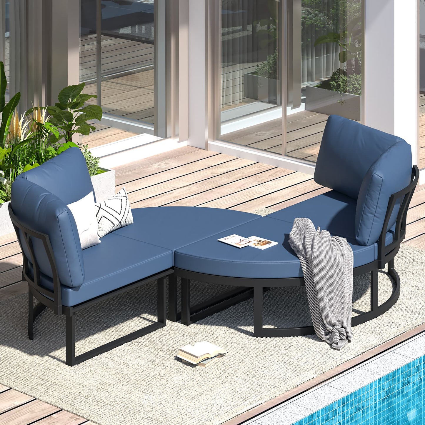 YODOLLA Patio Furniture Outdoor Daybed with Removable Cushions, Dark Blue