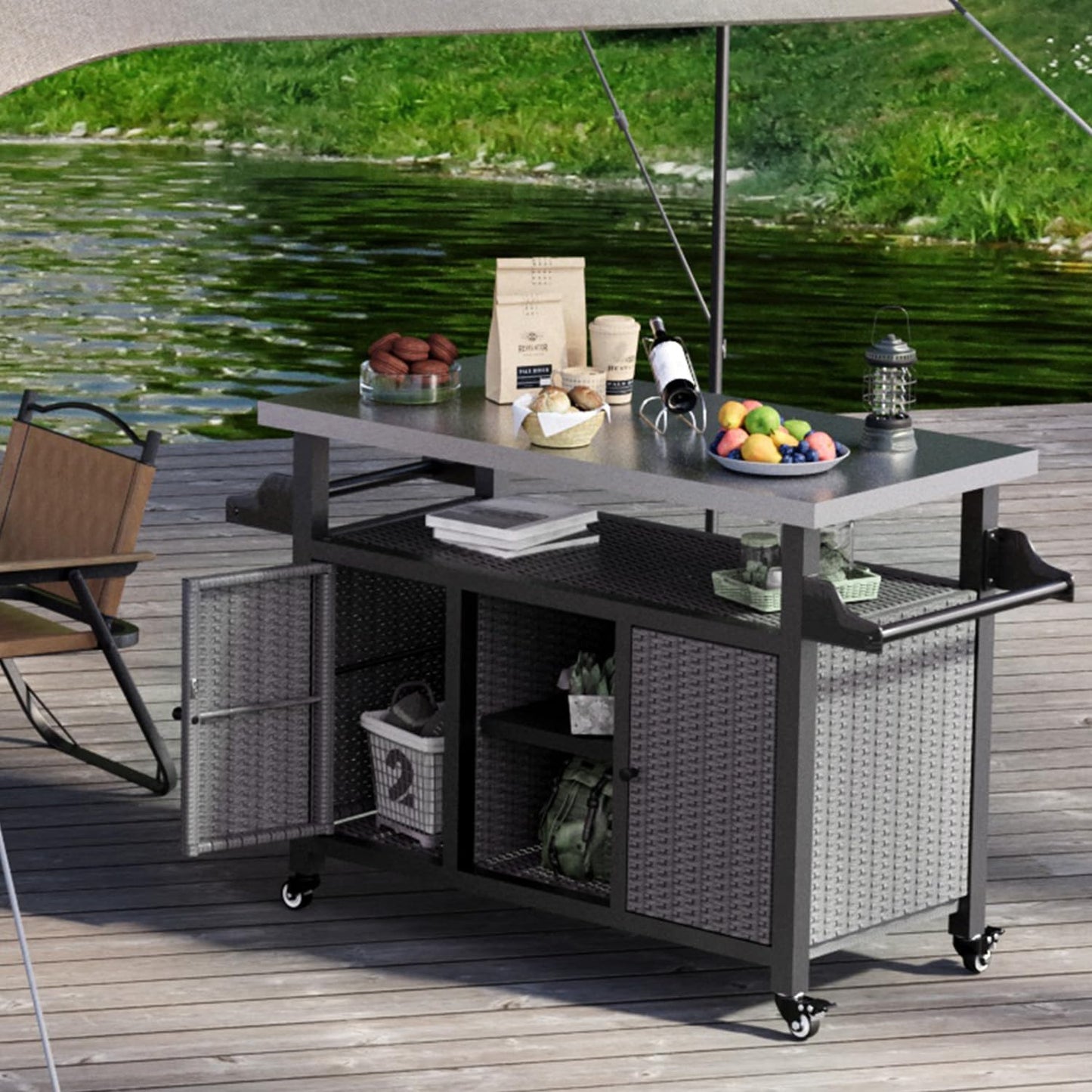 YODOLLA Rattan Outdoor Bar Cart with Wheels and Storage, Gray