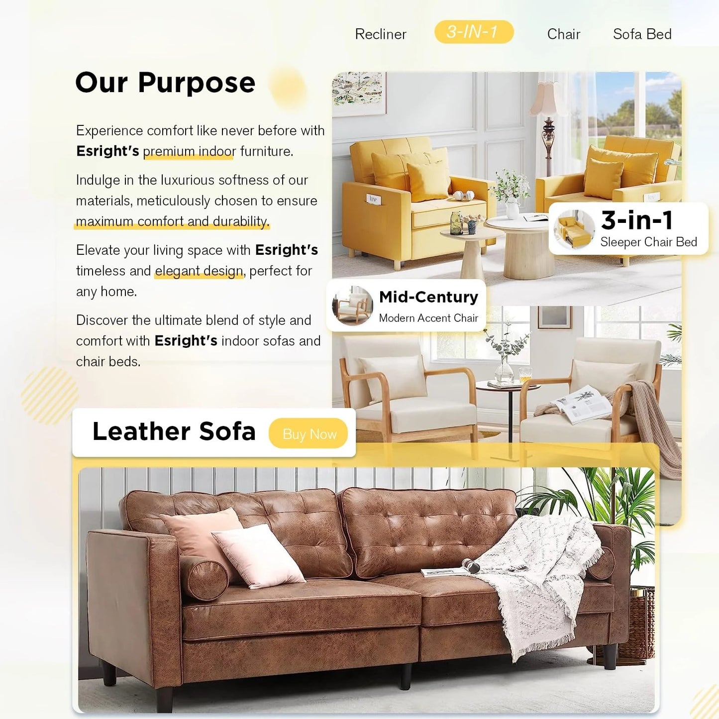 YODOLLA 36" Convertible Chair Bed, Yellow