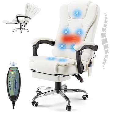 YODOLLA Massage Office Chair with Heat w/Retractable Footrest, Cream White