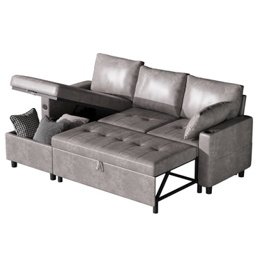 YODOLLA Faux Leather L-Shaped Sleeper Sofa, Pullout Bed, USB & Storage, Gray