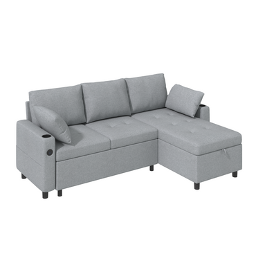 YODOLLA L-Shaped Sleeper Sofa, Pullout Bed, USB & Storage, Grey