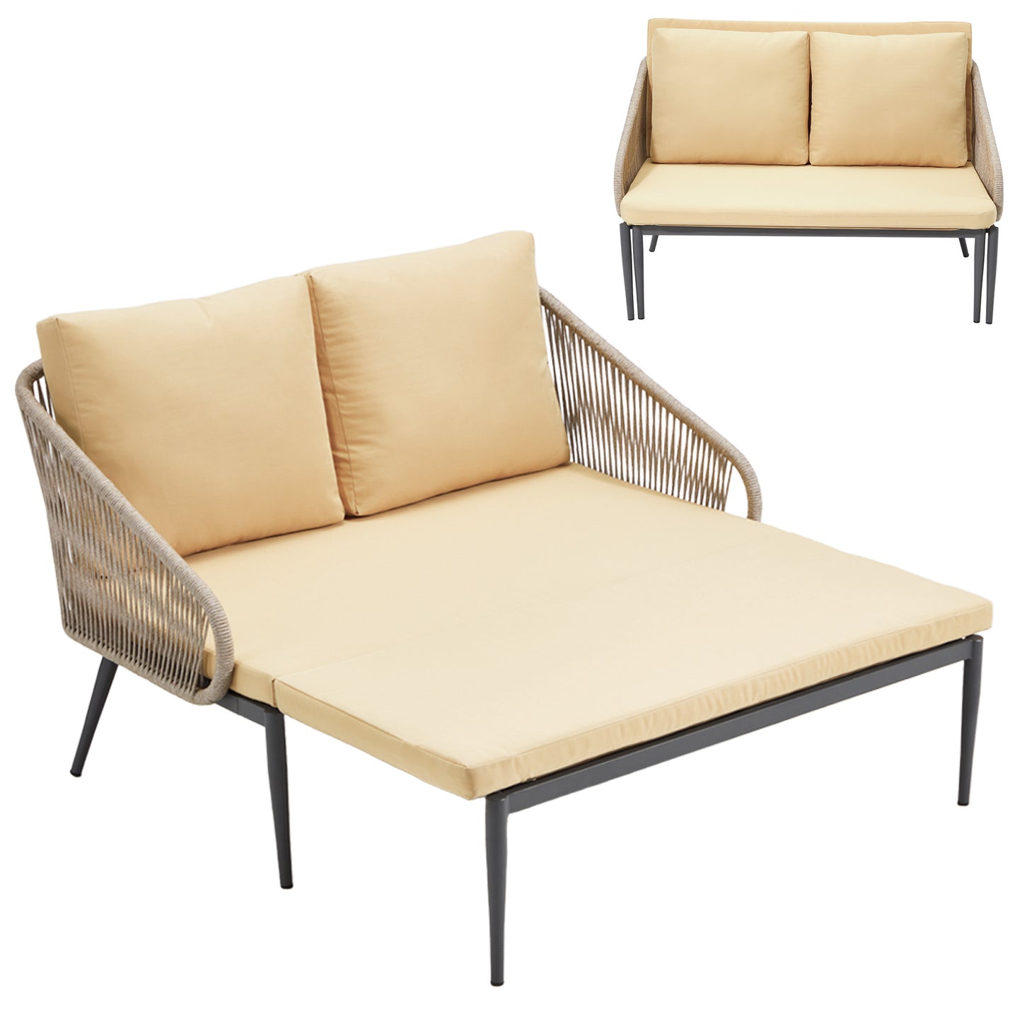 YODOLLA Outdoor Double Chaise Lounge Chair Convertible Patio Loveseat Sofa Couch