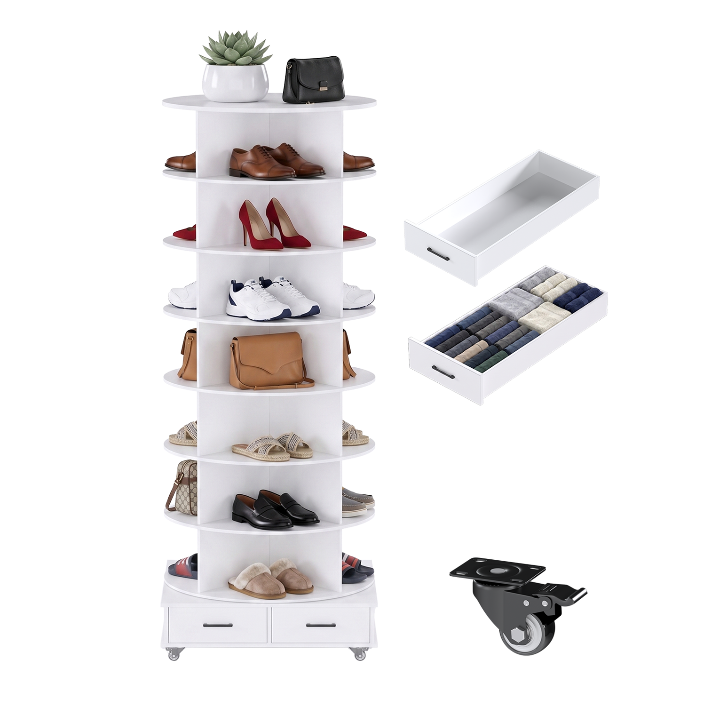 YODOLLA 8 Tier Rotating Shoe Rack Contains 2 Drawers Shoe Tower Organizer