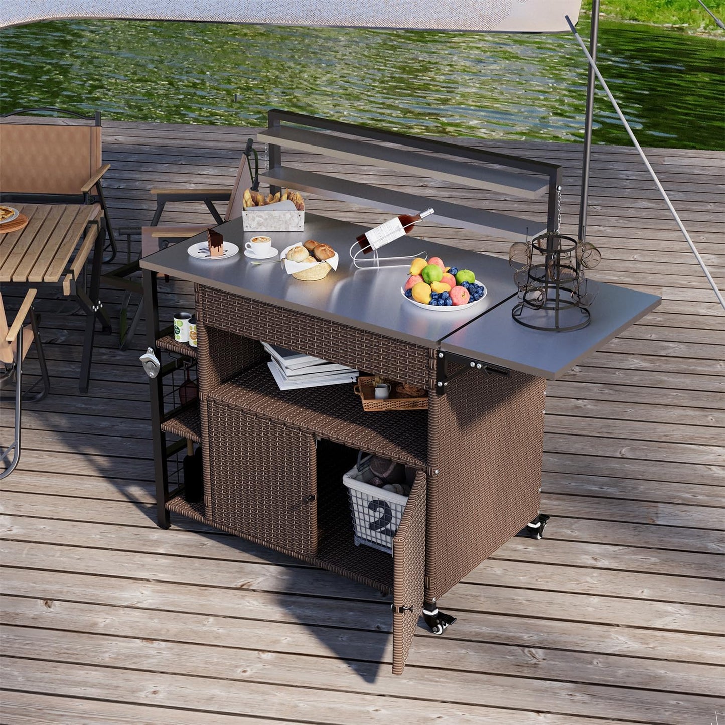 YODOLLA Outdoor Bar Cart with Rattan Storage Cabinet, Brown