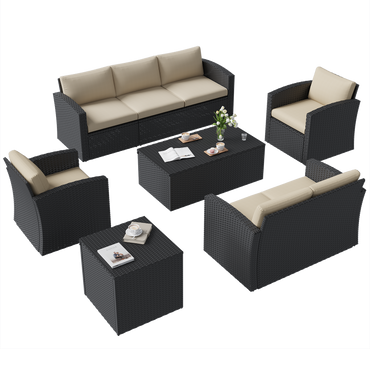 YODOLLA 7 PCS Outdoor Patio Furniture Sets with 2 Storage Boxes, Black & Beige