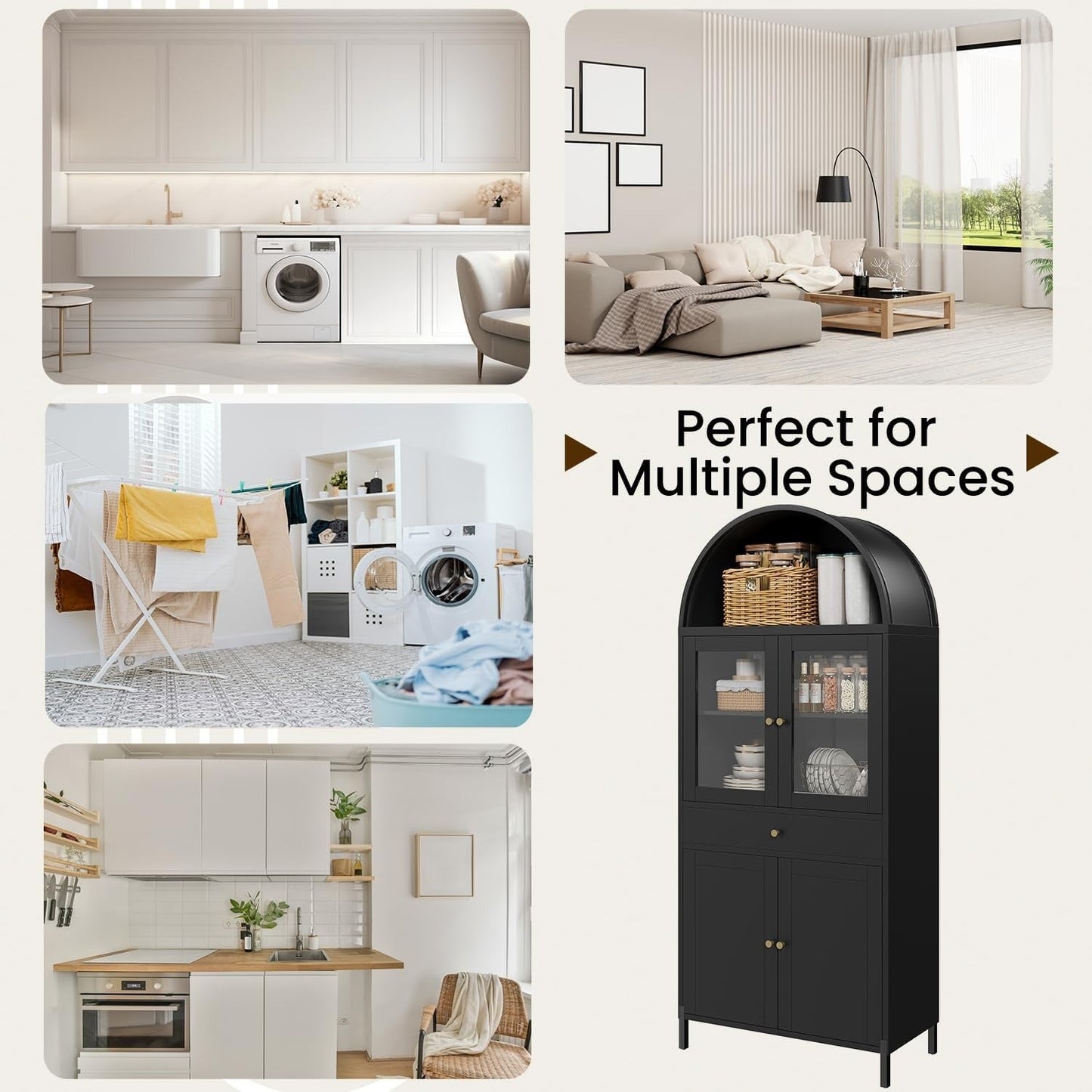 YODOLLA 73'' Kitchen Pantry, Metal Arched Storage Cabinet with Glass Doors/Adjustable Shelfs/Drawer