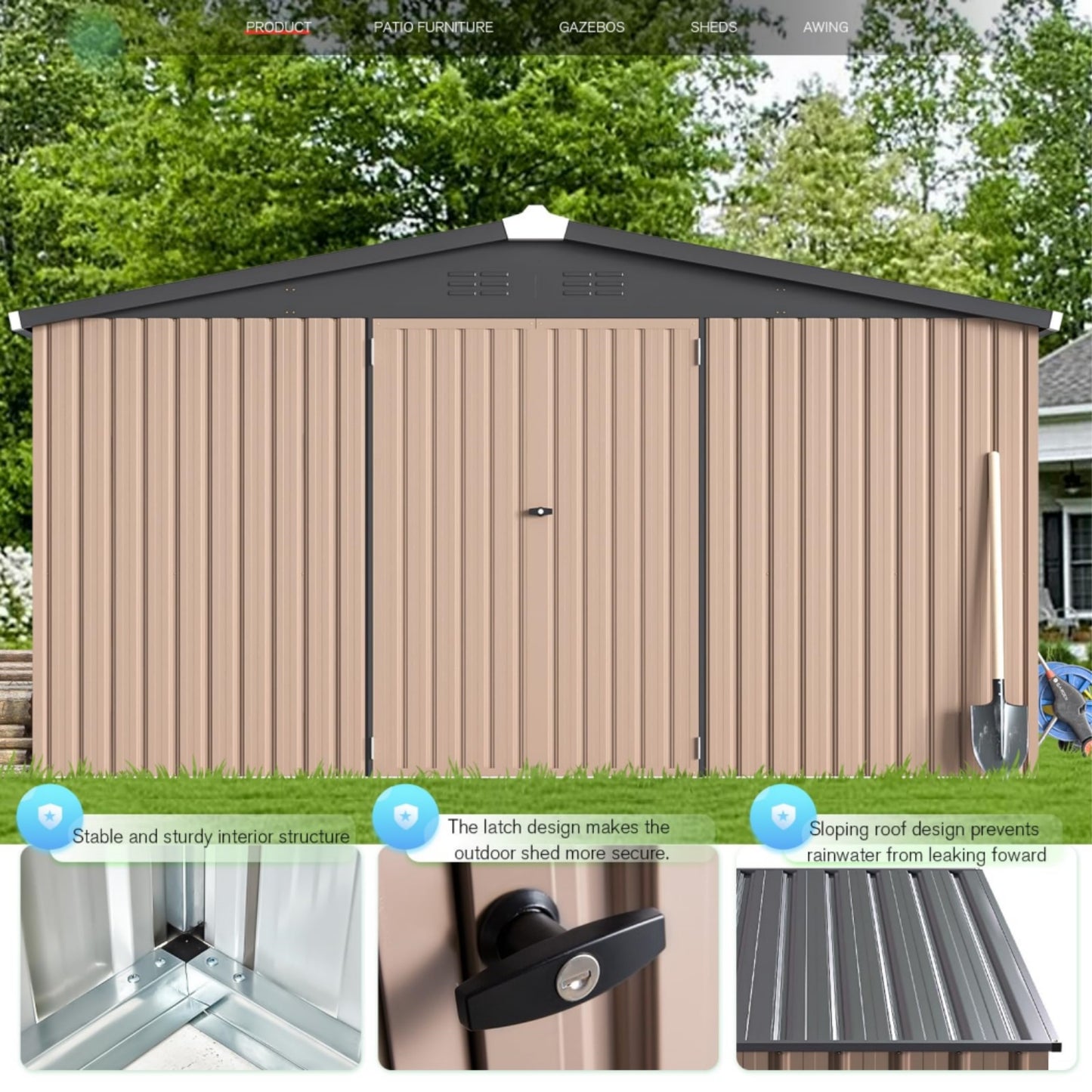 YODOLLA 10' x 10' Shed Outdoor Storage Shed with Lockable Doors, Brown