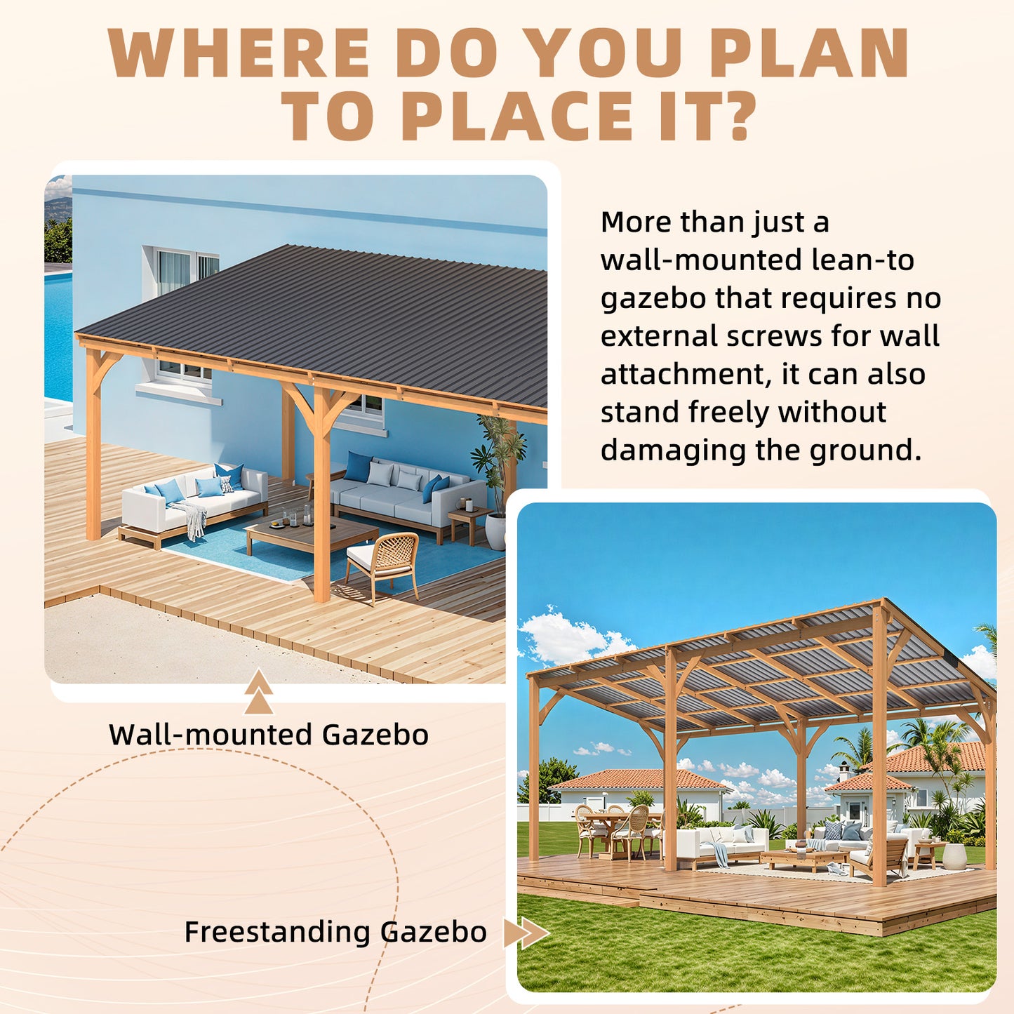 YODOLLA 20' x 10' Outdoor Wood Ceder Gazebo Lean to Hardtop Pergolas
