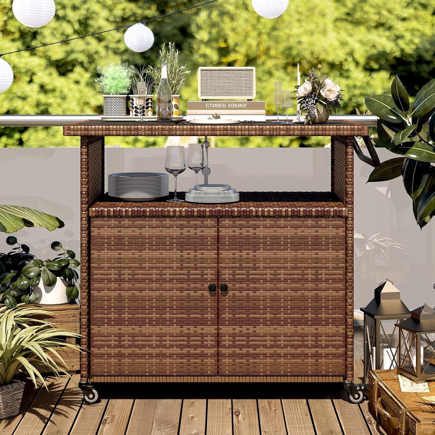 YODOLLA Outdoor Bar Cart, Patio Storage Grill Cart with Handles,Brown