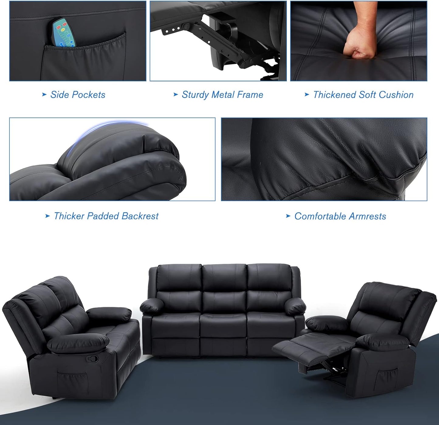 YODOLLA 3 PCS Recliner Sofa Set Overstuffed Leather Reclining Sofa, Black