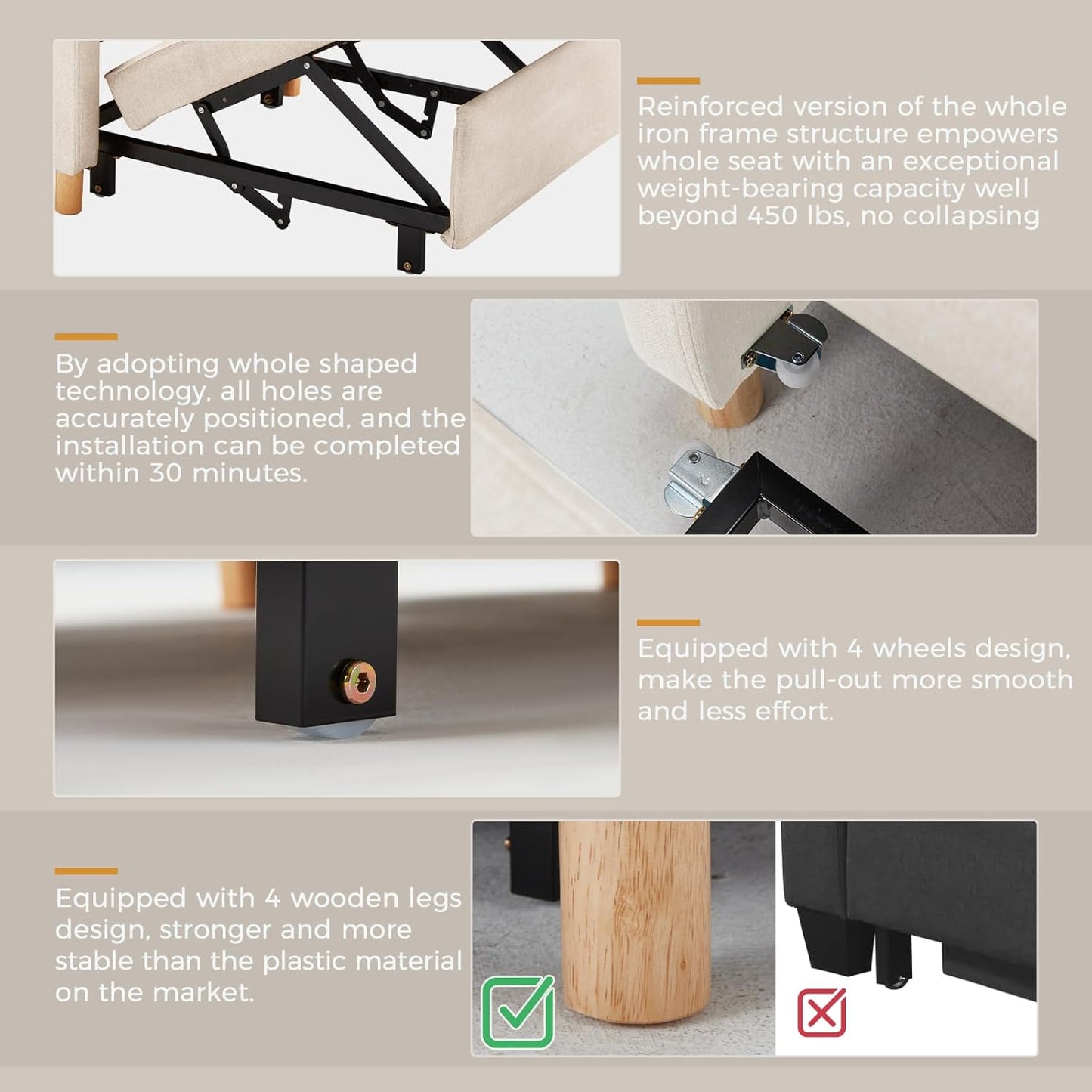 YODOLLA 36" Convertible Chair Bed, Beige