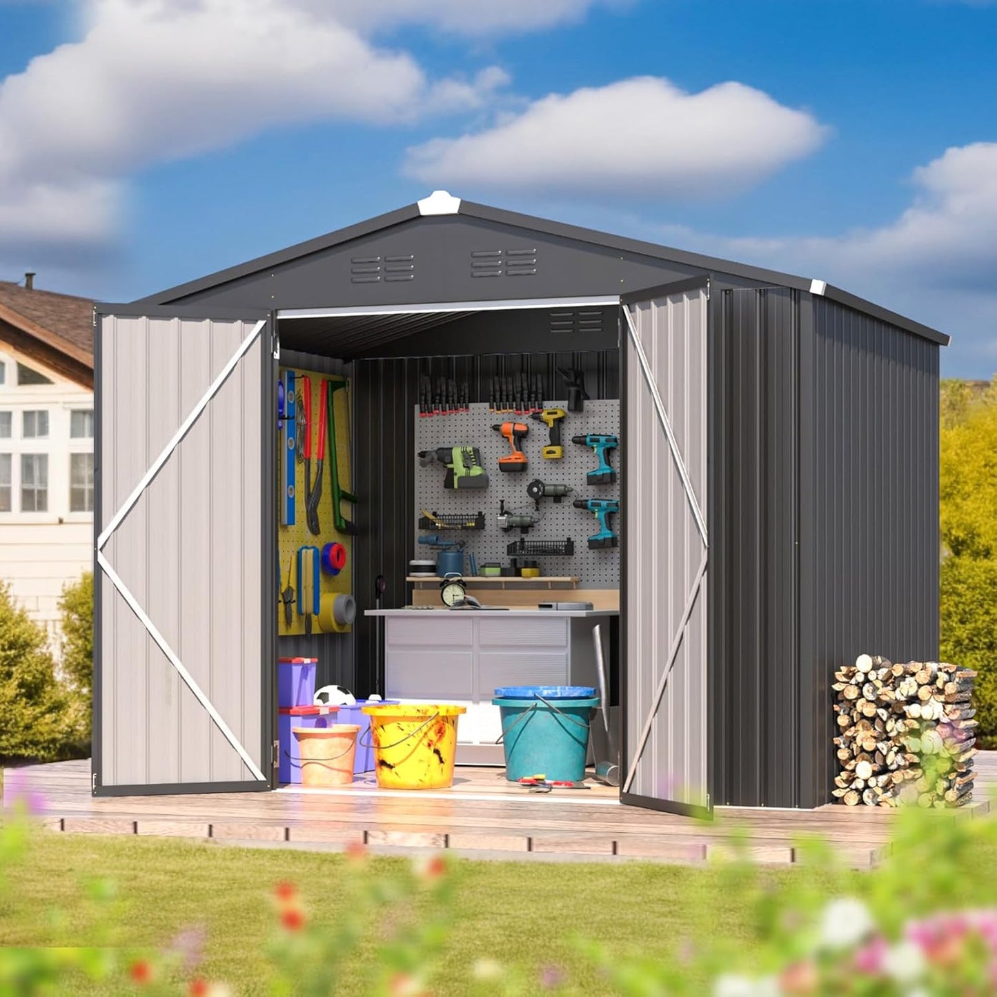 YODOLLA Shed 8' x 6' Metal Storage Shed for Ourdoor, Drak Gray