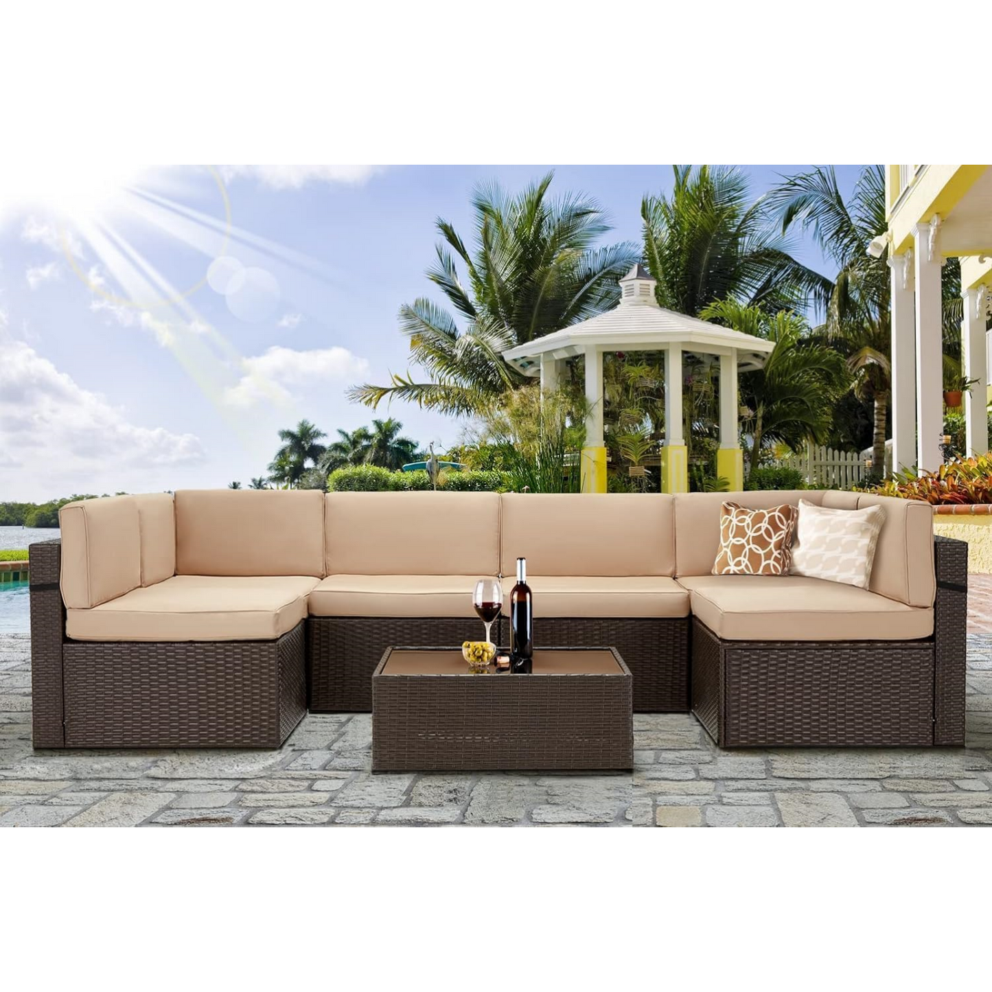 YODOLLA 7 Piece Outdoor Patio Furniture Set with 30 Inch Fire Pit Table, Brown Rattan Beige Cushion