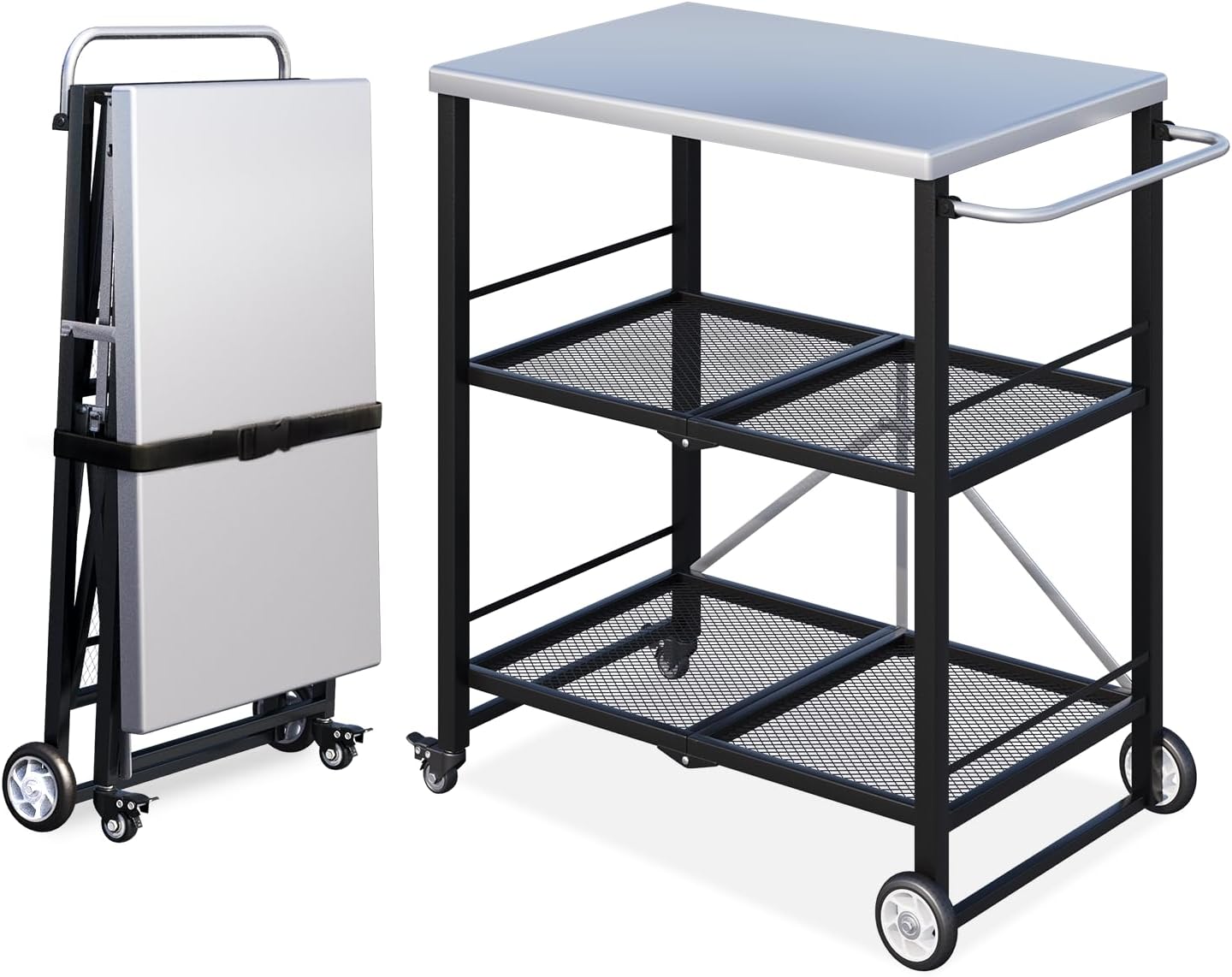 YODOLLA Foldable Stainless Steel Grill Cart Table with Wheels, Silver