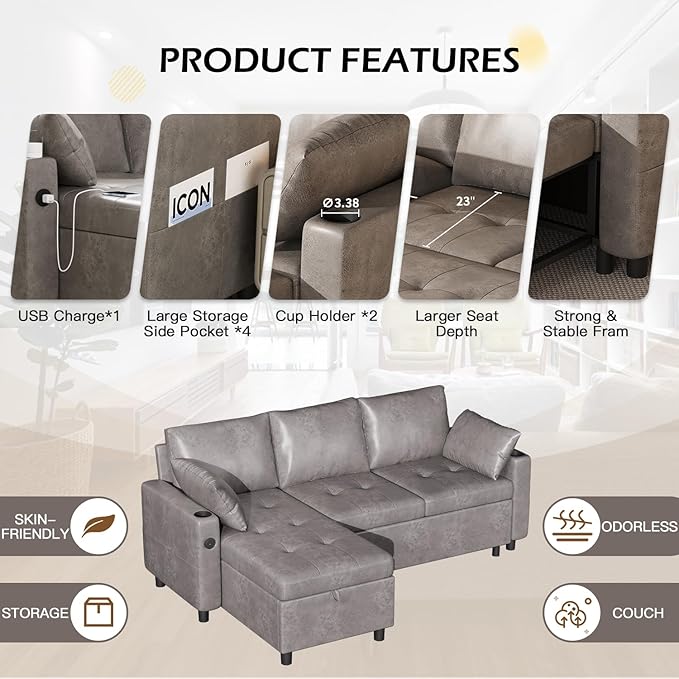 YODOLLA Faux Leather L-Shaped Sleeper Sofa, Pullout Bed, USB & Storage, Gray