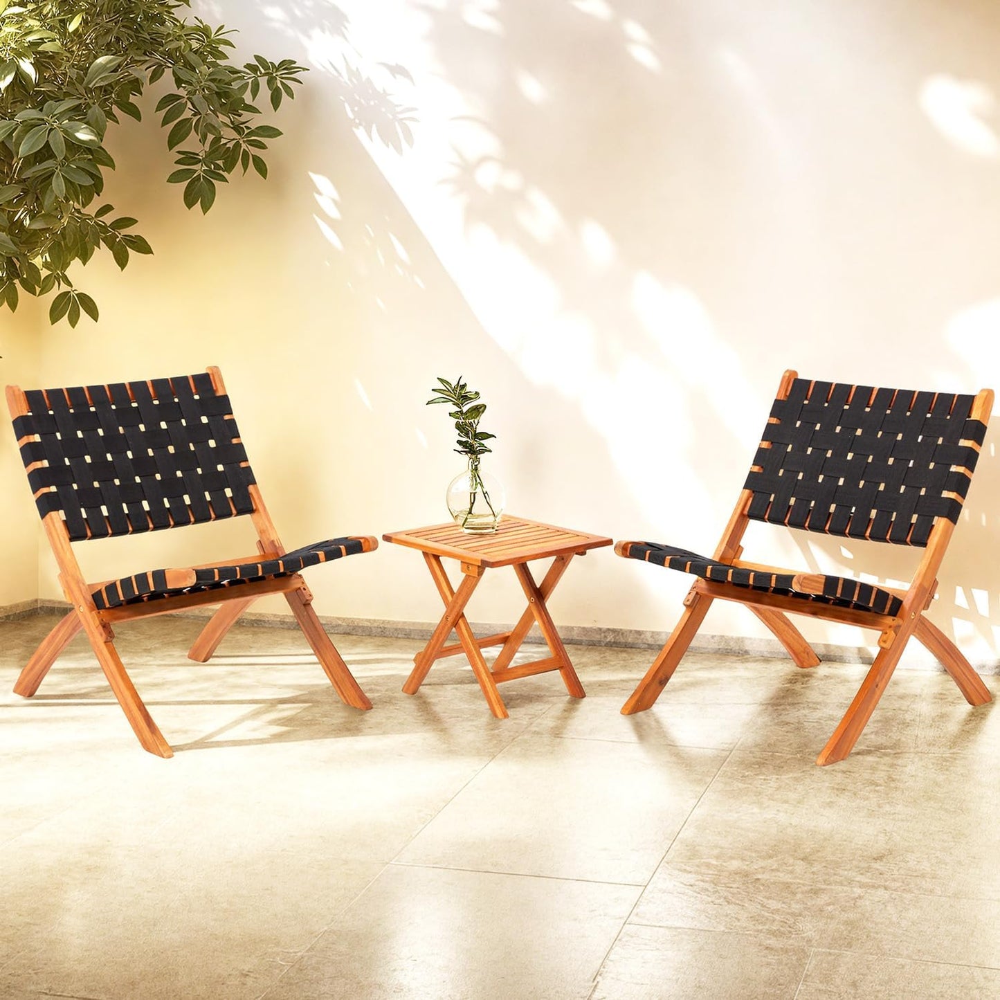 YODOLLA 3 Piece Patio Furniture Set, Acacia Wood Bistro Set with Coffee Table & Folding Chairs