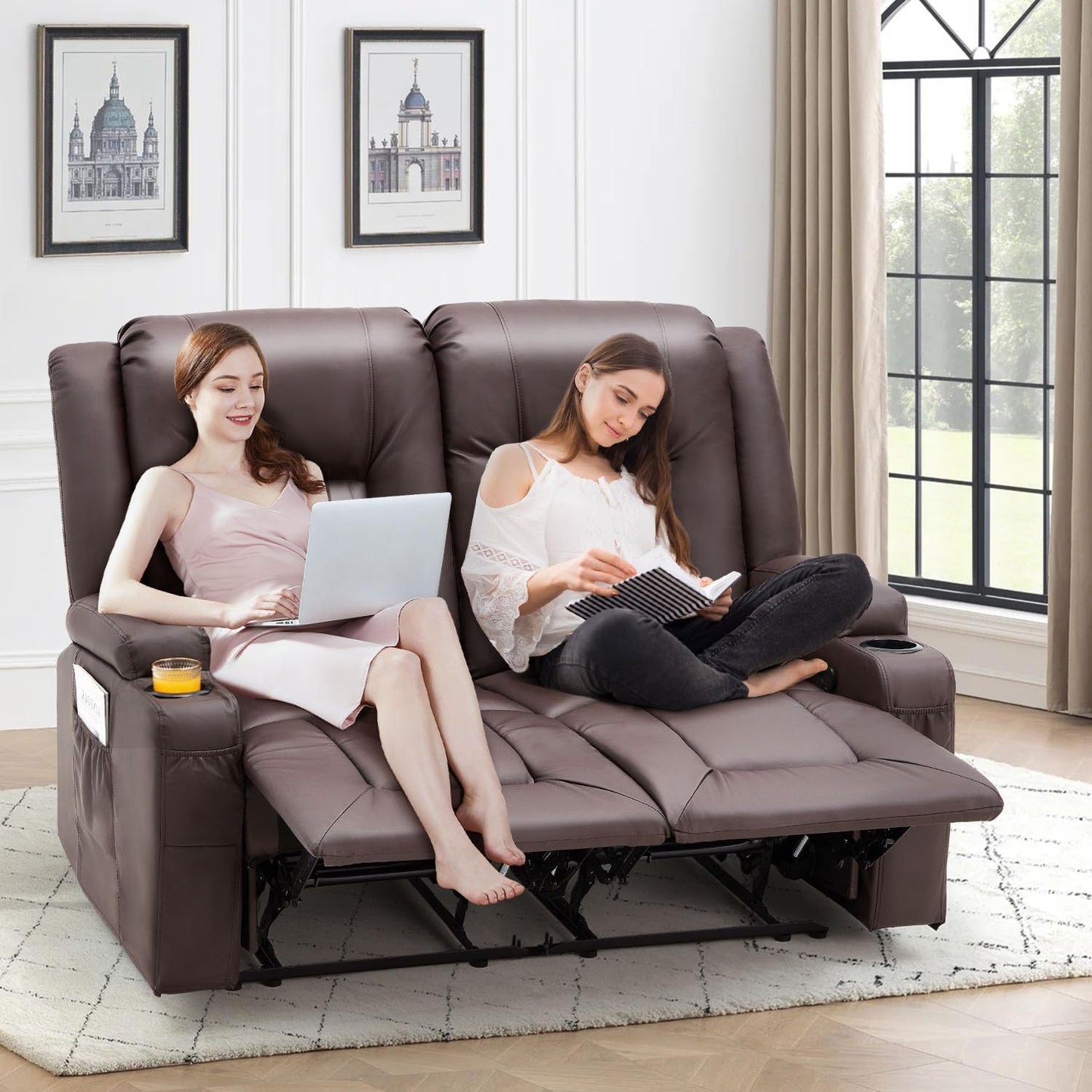 YODOLLA 2-Seat Recliner Sofa, Faux Leather, Cup Holders, Brown