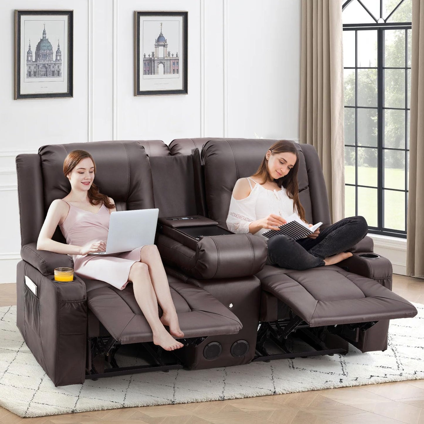 YODOLLA Faux Leather Recliner Sofa w/ Console, Brown