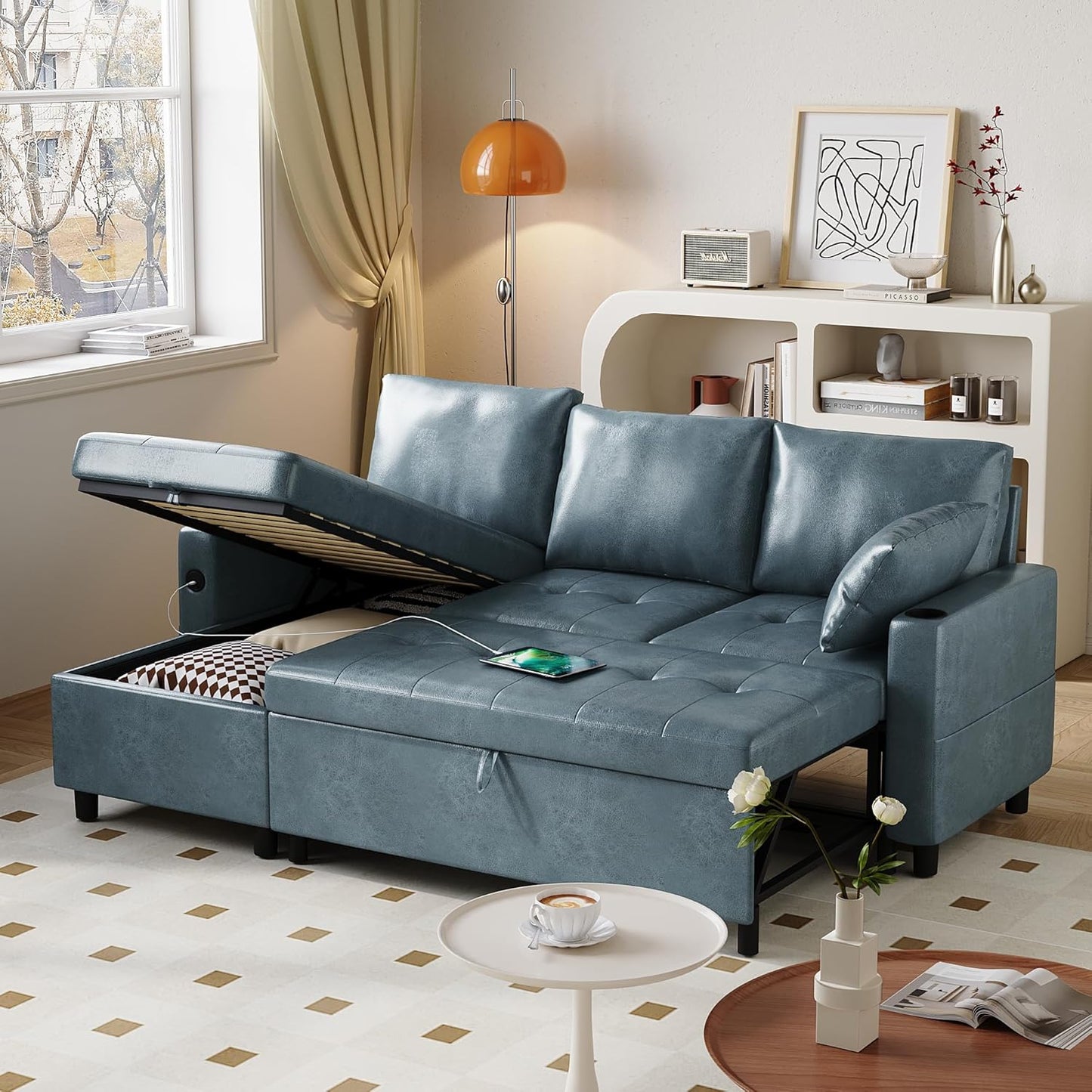 YODOLLA Faux Leather L-Shaped Sleeper Sofa, Pullout Bed, USB & Storage, Blue