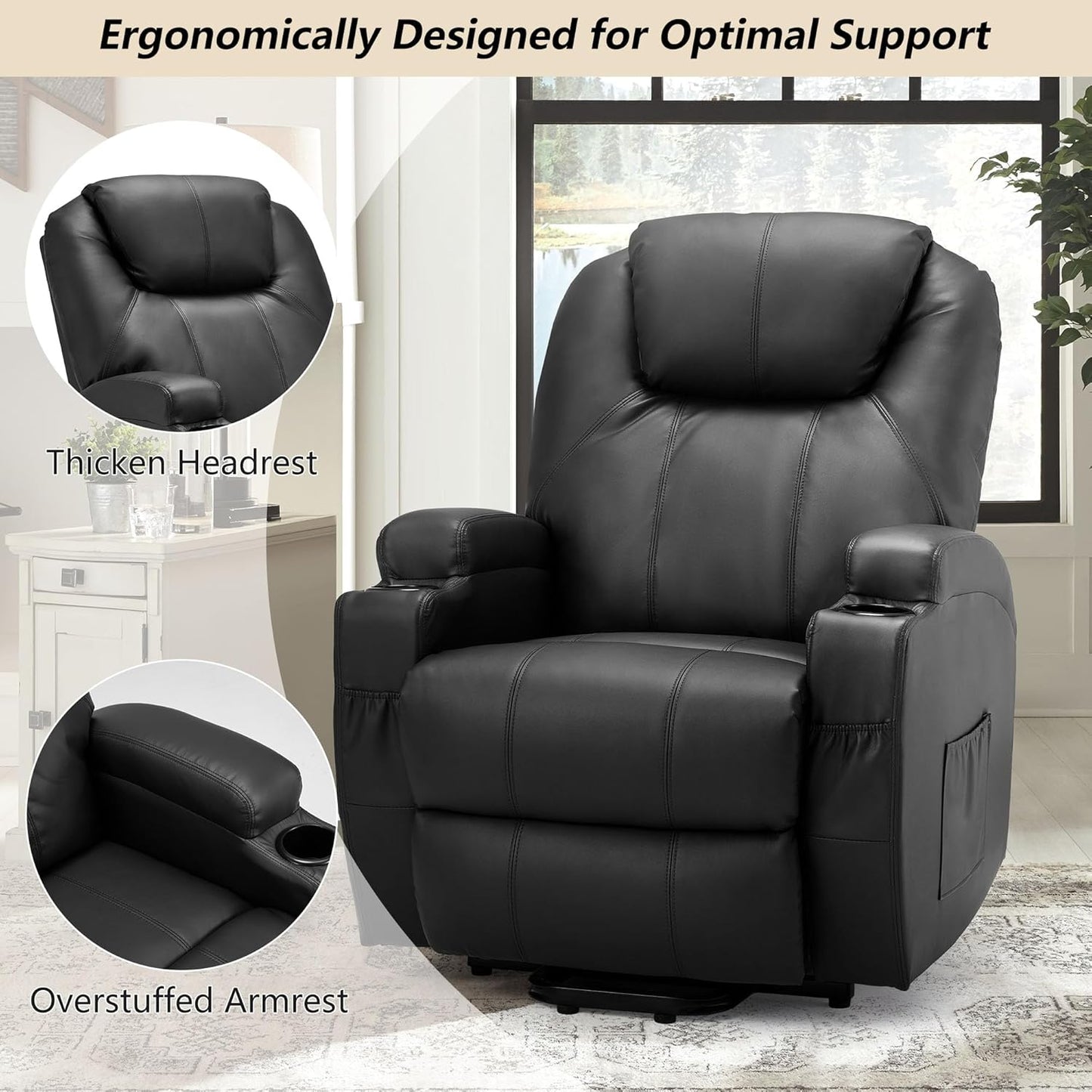 YODOLLA Power Lift Recliner Chair for Elderly with Side Pockets, PU Leather, Black