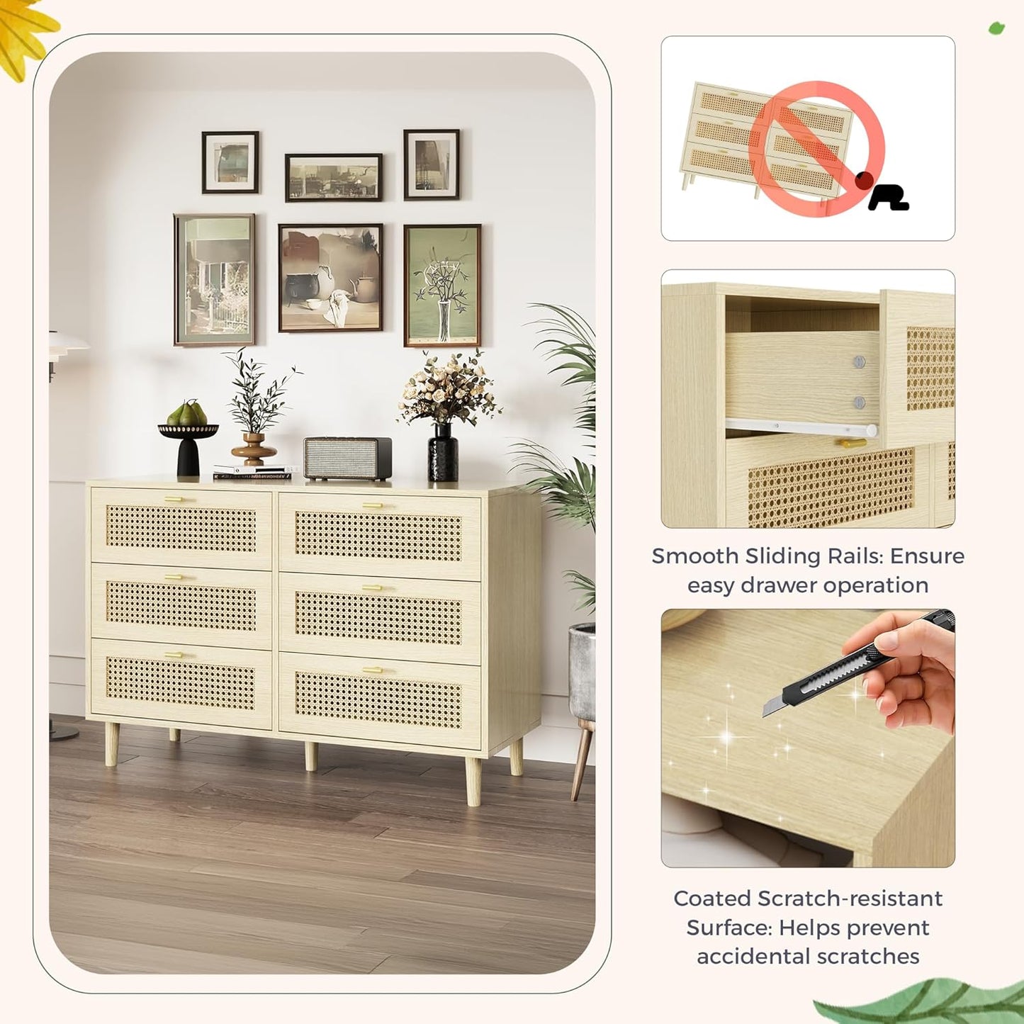 YODOLLA Wicker Dresser 6 Drawer Rattan Dresser, Natural Wood