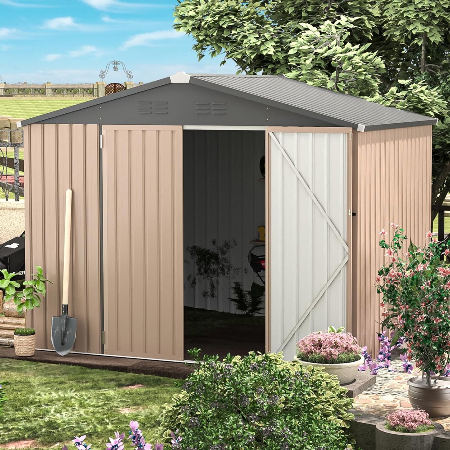 YODOLLA Shed 8' x 6' Metal Storage Shed for Ourdoor, Brown