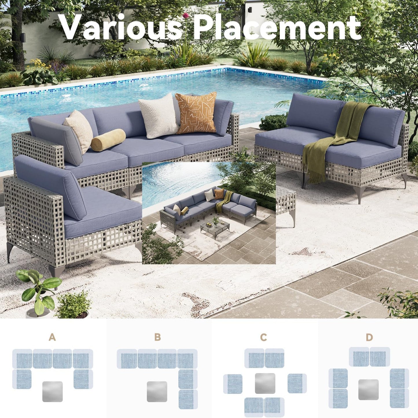 YODOLLA 7-Piece Outdoor Sofa Set, Grey Rattan & Blue Cushions
