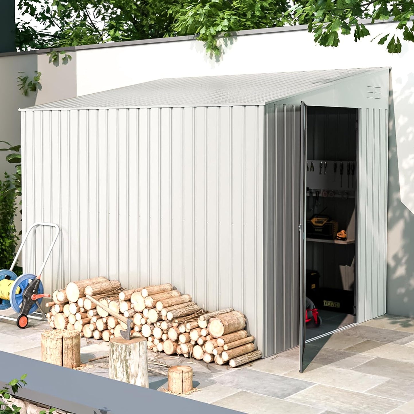 YODOLLA Outdoor 6' x 8' Metal Wall Side Lean to Storage Shed, White