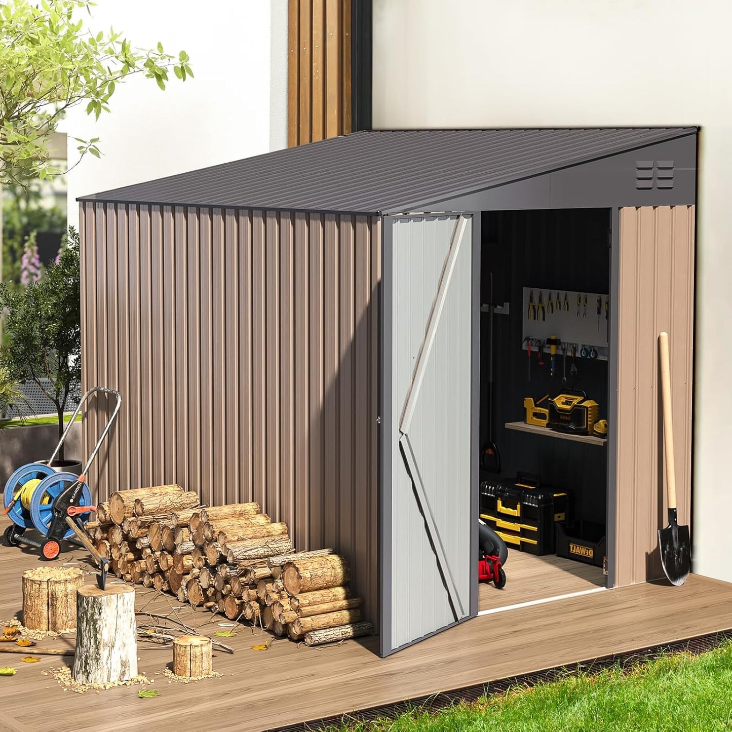 YODOLLA Outdoor 6' x 8' Metal Wall Side Lean to Storage Shed, Brown