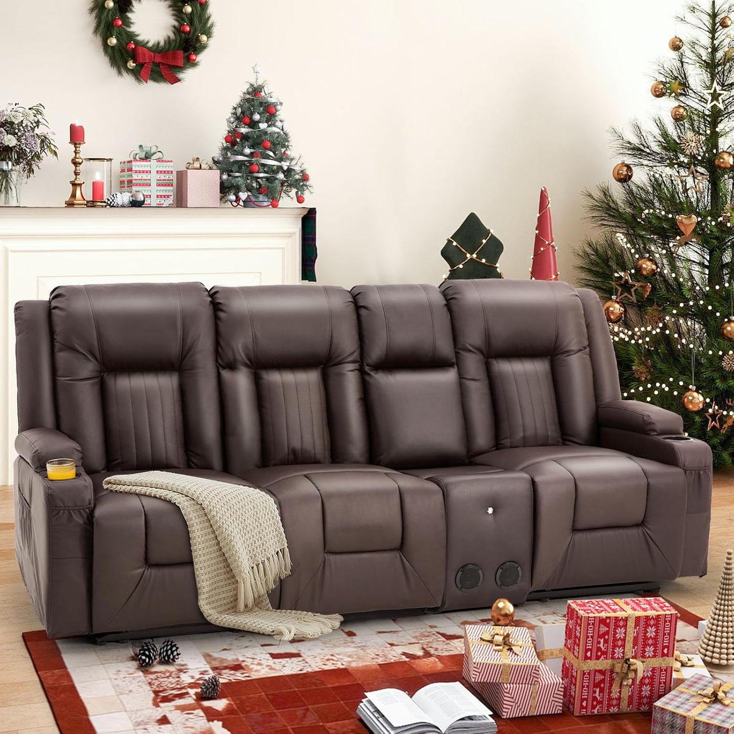YODOLLA Faux Leather Recliner Sofa w/ Console, Brown