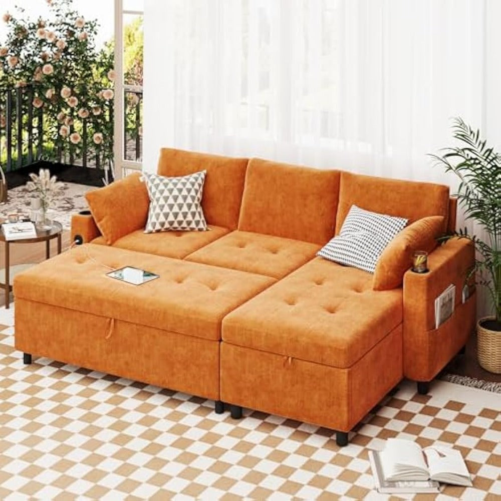 YODOLLA L-Shaped Sleeper Sofa, Pullout Bed, USB & Storage, Orange