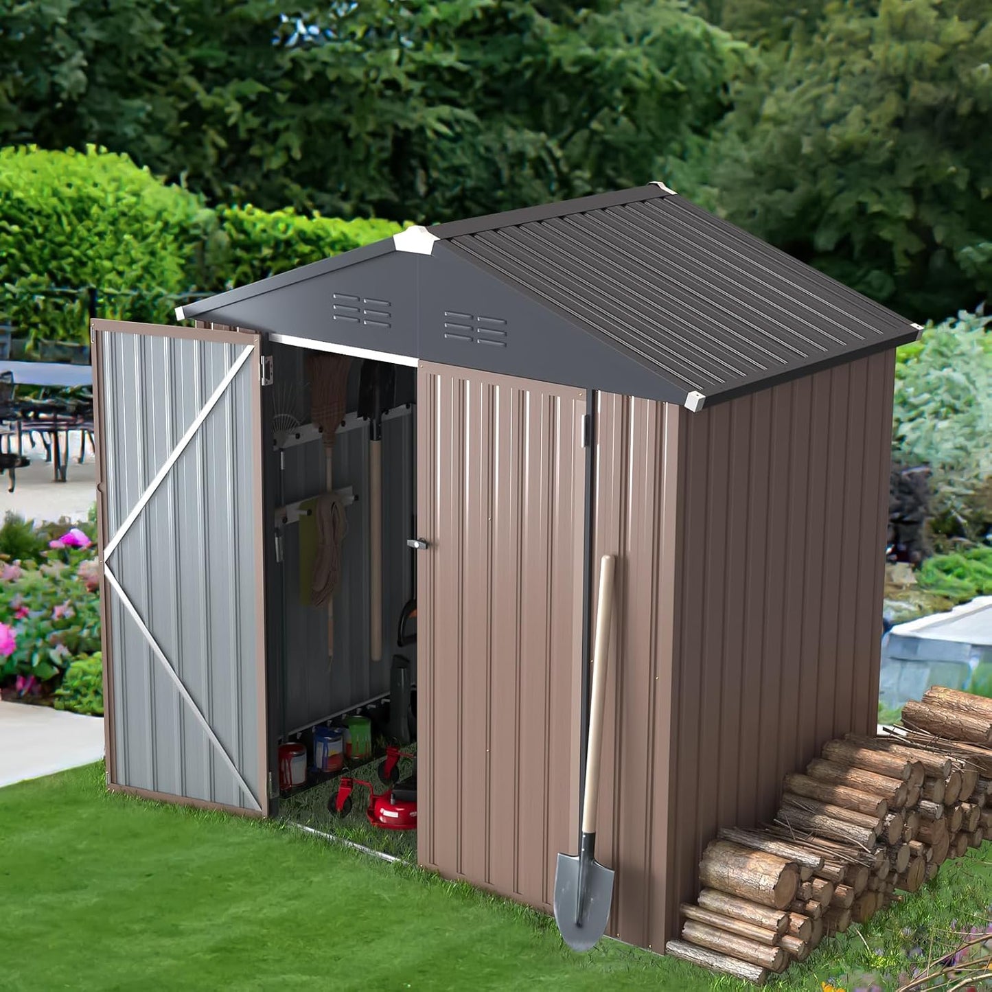 YODOLLA Shed 6' x 4' Storage Shed, Metal Sheds & Outdoor Storage, Brown