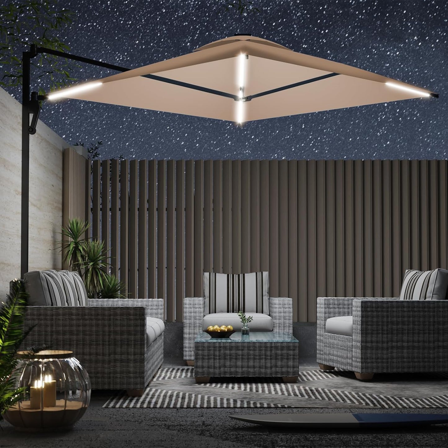 YODOLLA 10ft Solar LED Cantilever Patio Umbrella, Rectangular Wall Mounted Outdoor Large Offset Umbrellas