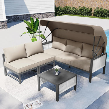 YODOLLA 4 Pieces Aluminum Patio Furniture Set, Retractable Canopy, Beige
