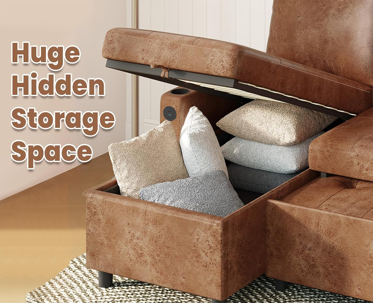 YODOLLA Faux Leather L-Shaped Sleeper Sofa, Pullout Bed, USB & Storage, Brown