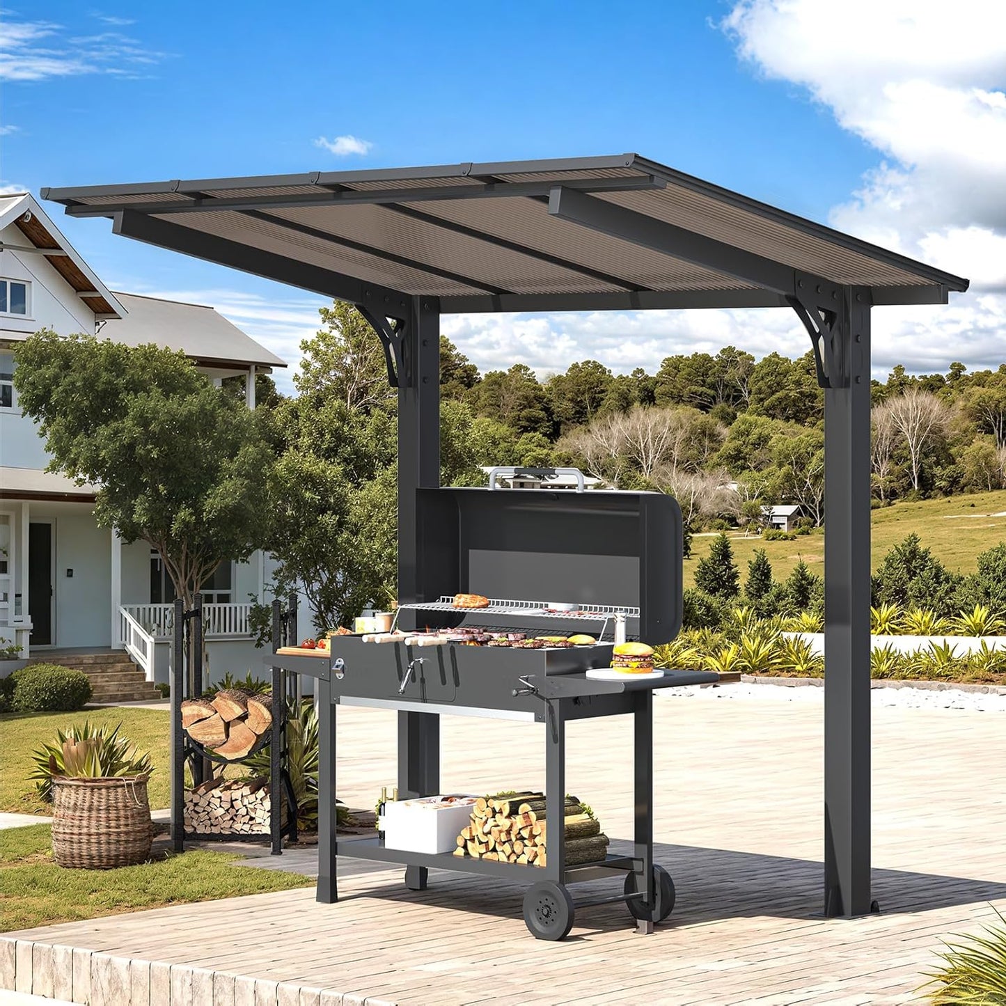 YODOLLA 8' x 5' Hardtop Pergola, Wall-Mounted Grill Gazebo & Carport for Patio, Deck & Outdoor Use
