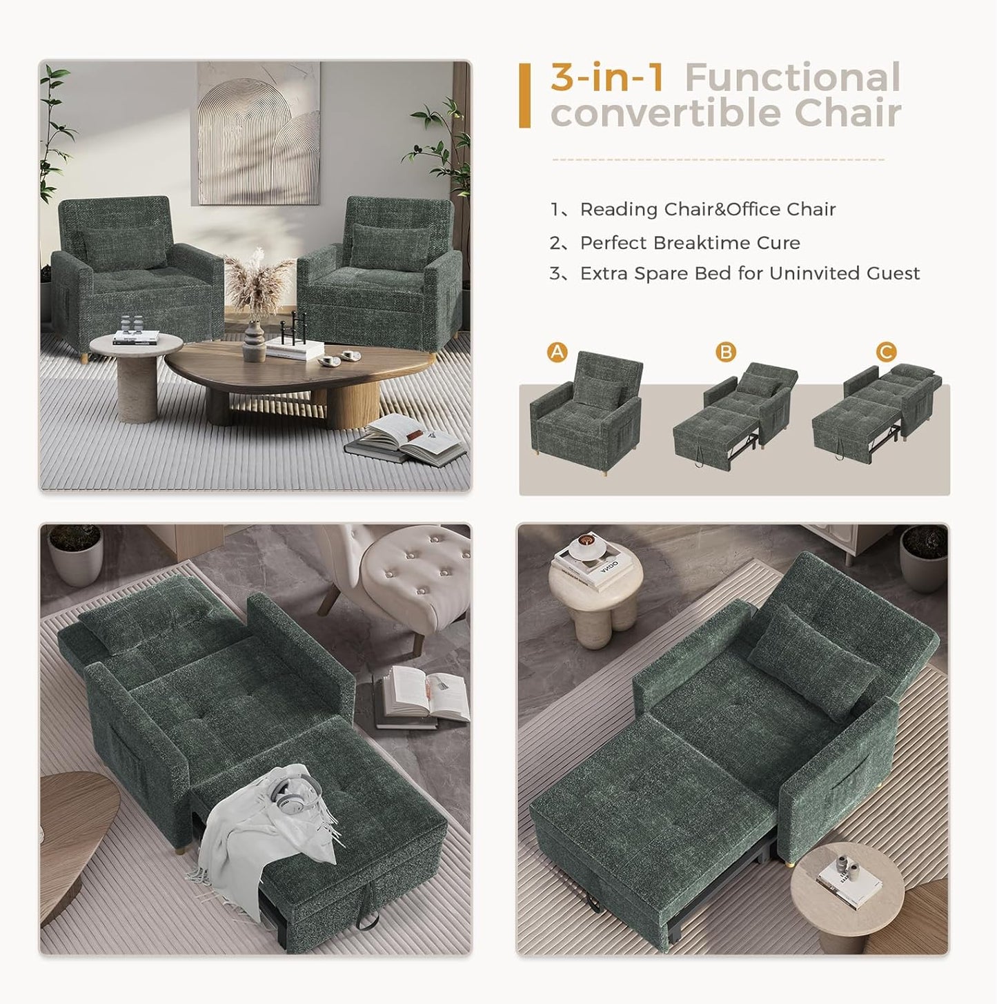 YODOLLA 3 in 1 Chair Bed Sleeper for Adults, Green