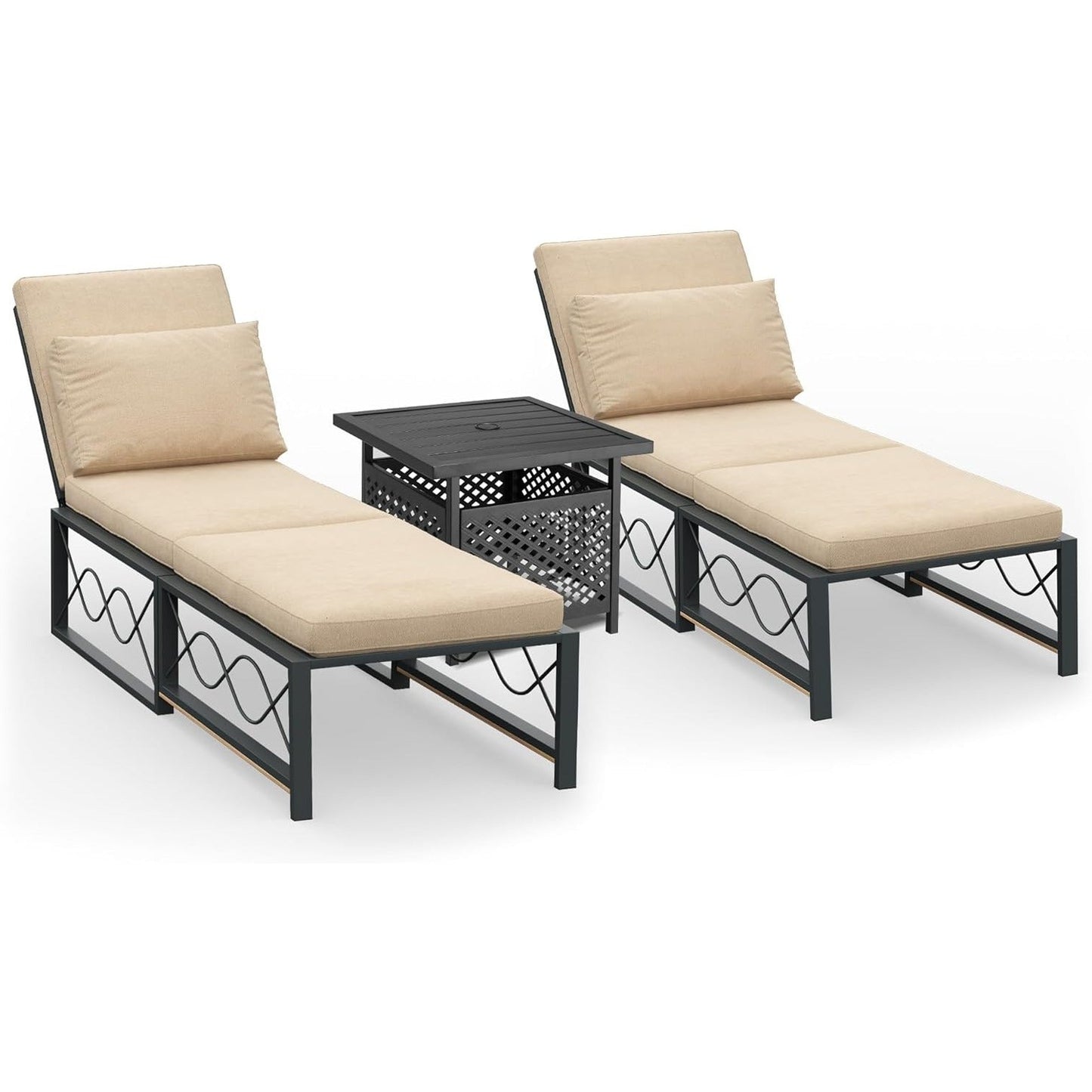 YODOLLA Outdoor Metal Chaise Lounge Adjustable Chair Set of 2 with 1 Side Table