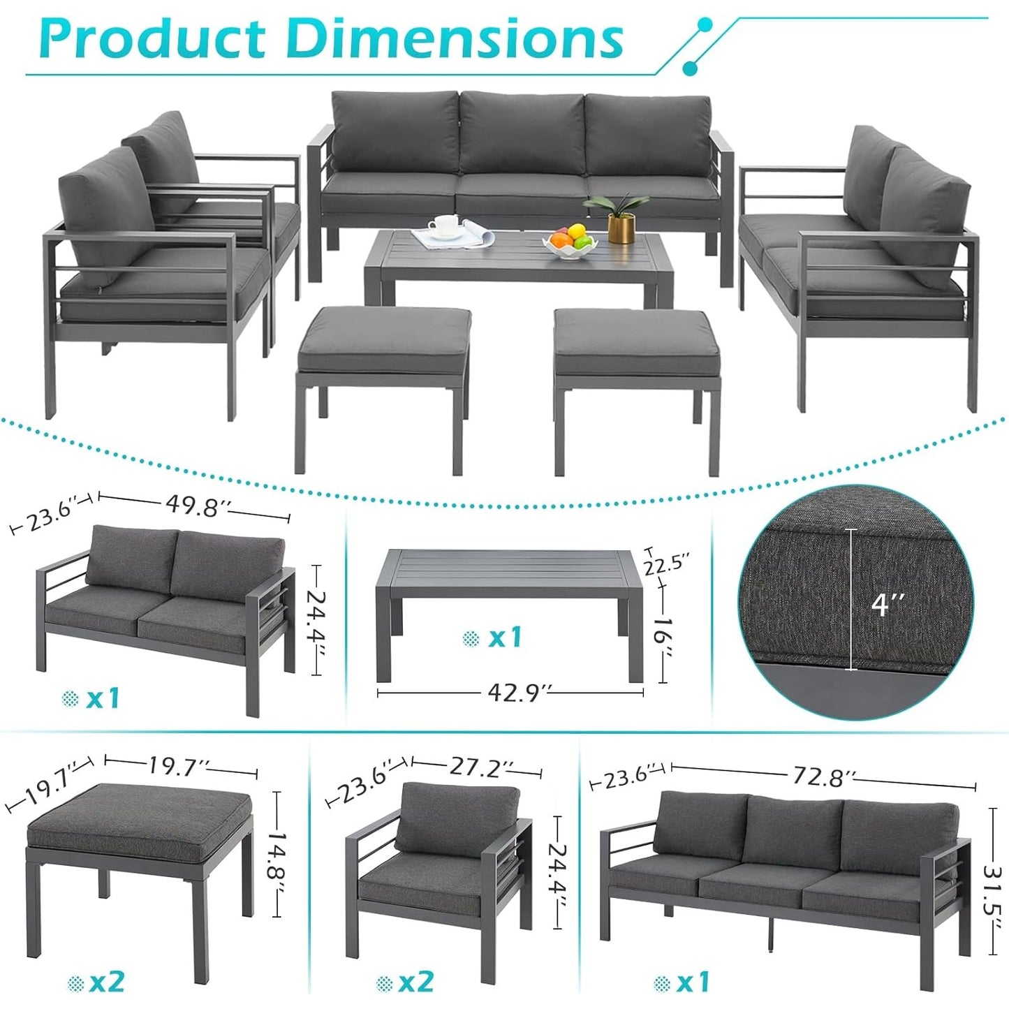 YODOLLA 7 Pieces Aluminum Patio Furniture Set, Dark Gray