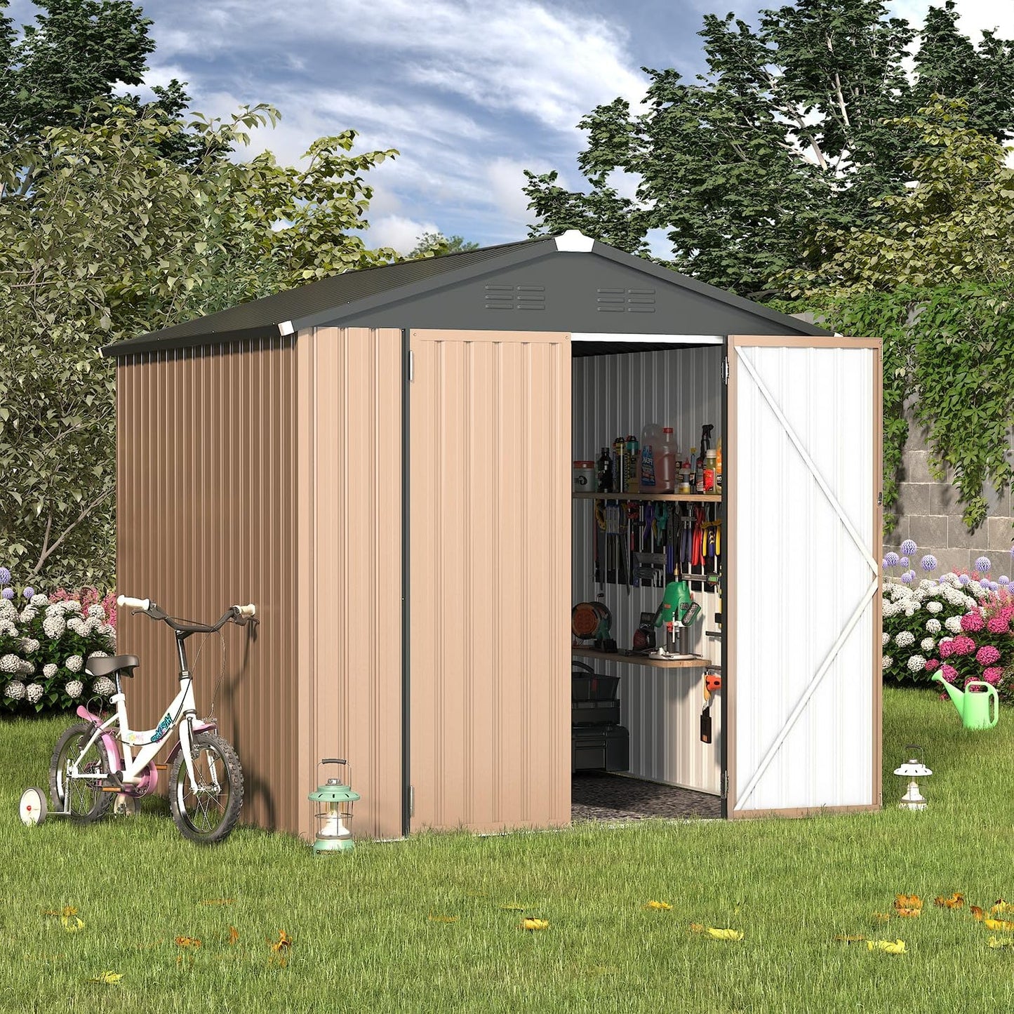 YODOLLA 7' x 7' Storage Metal Shed, Brown