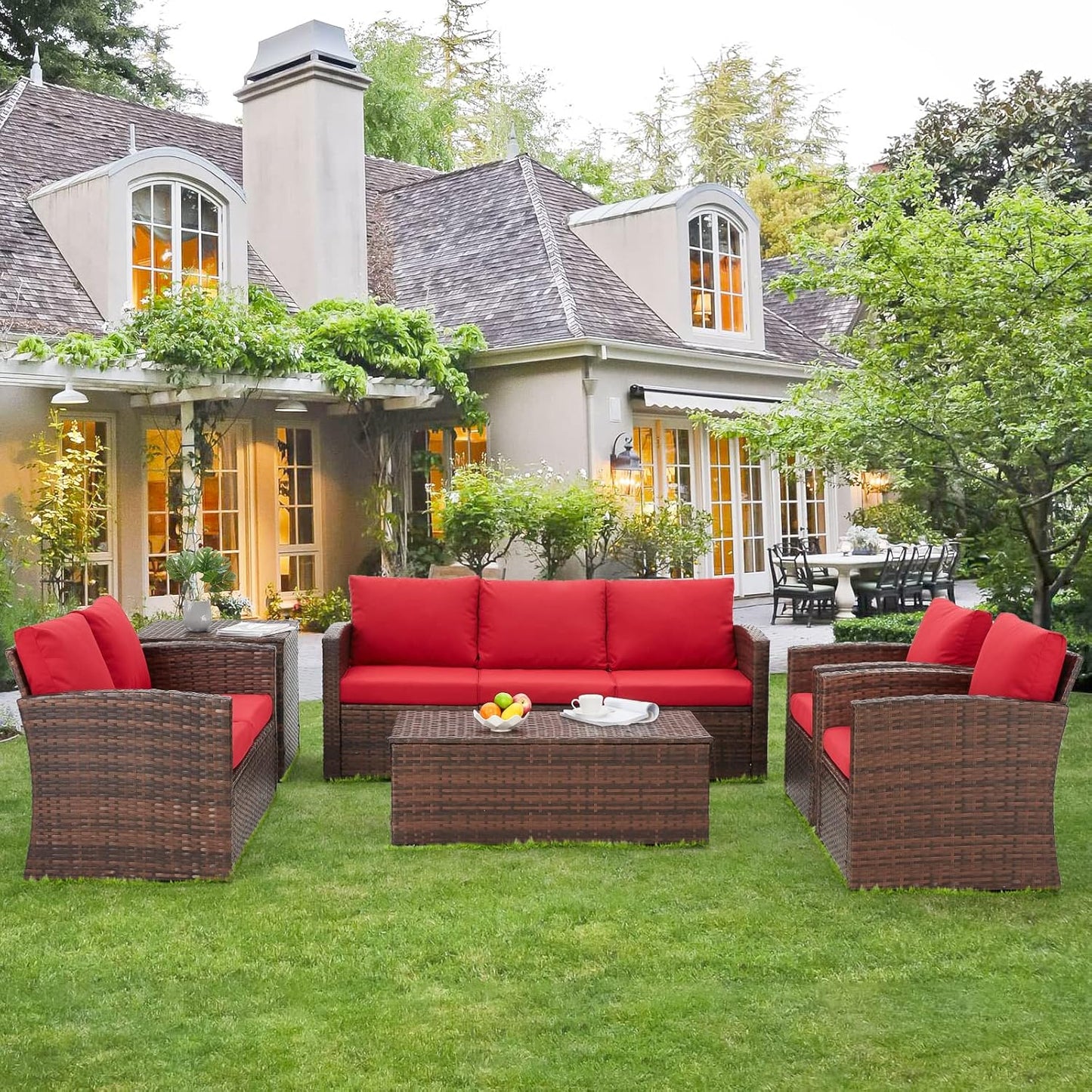 YODOLLA 7 Pieces Patio Furniture with Two Storage Boxes, Brown & Red