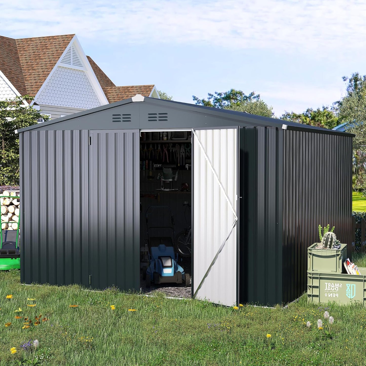 YODOLLA 10'x10' Metal Storage Shed, Dark Gray