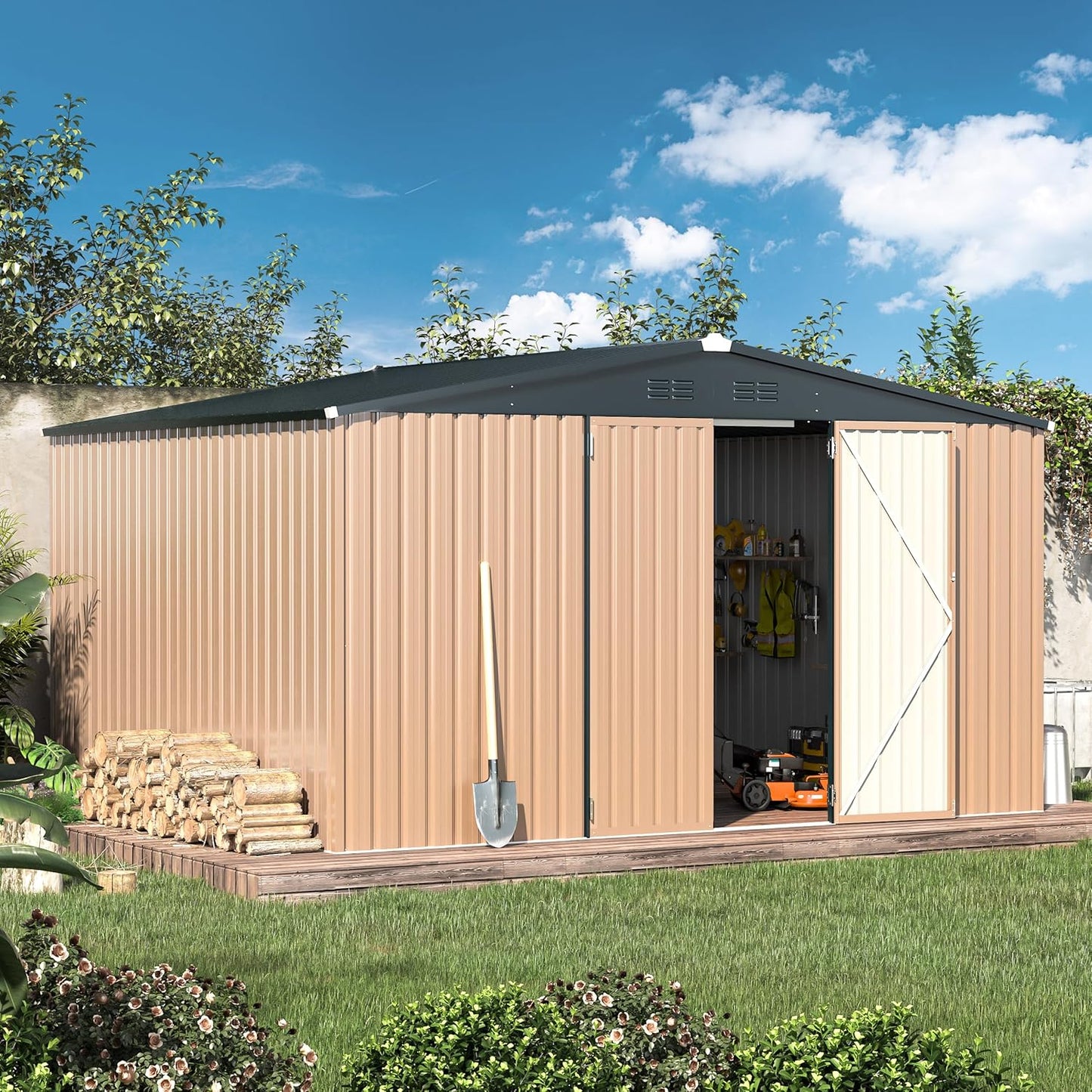 YODOLLA Shed 12' x 10' Outdoor Storage Shed, Brown