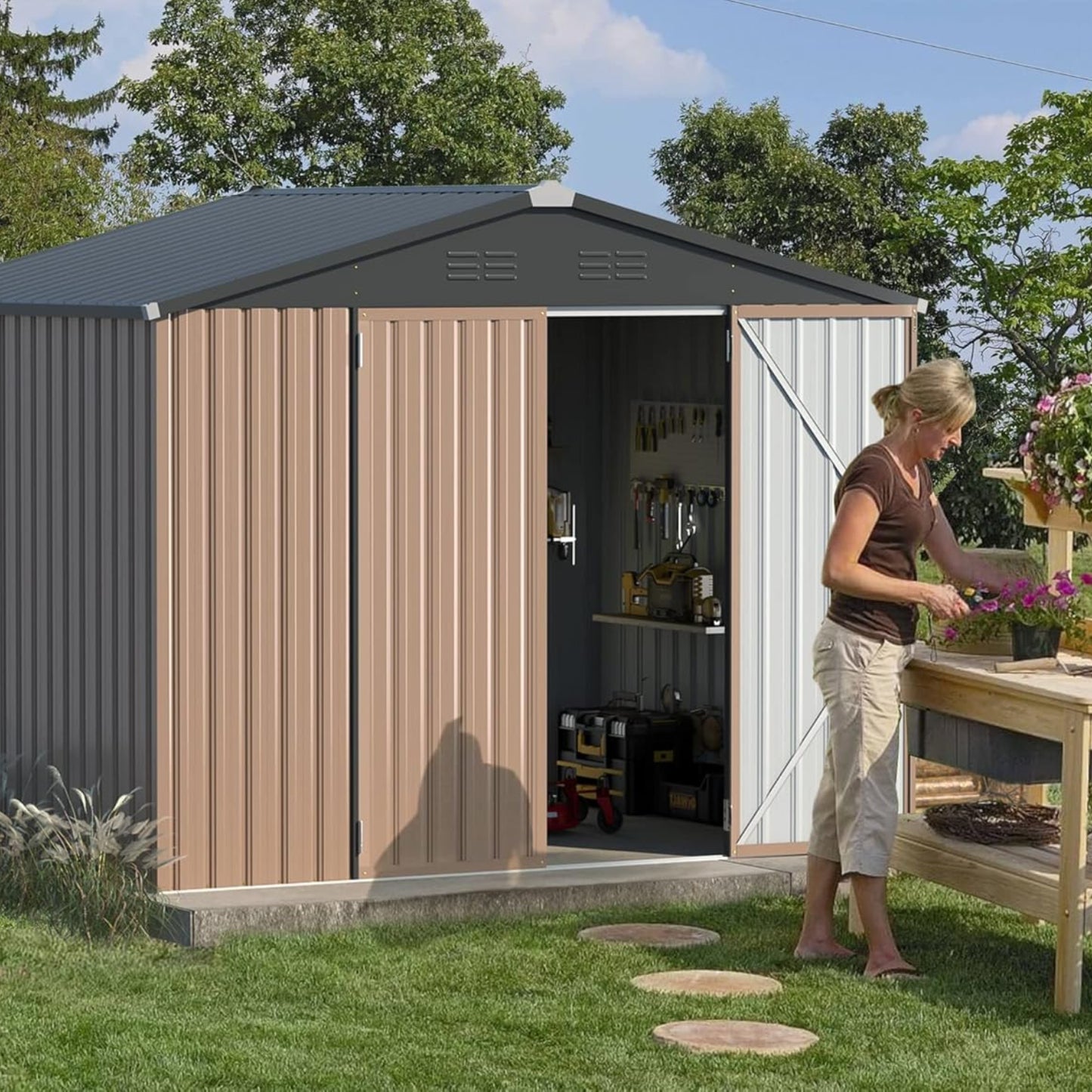 YODOLLA Shed 8' x 6' Metal Storage Shed for Ourdoor, Brown