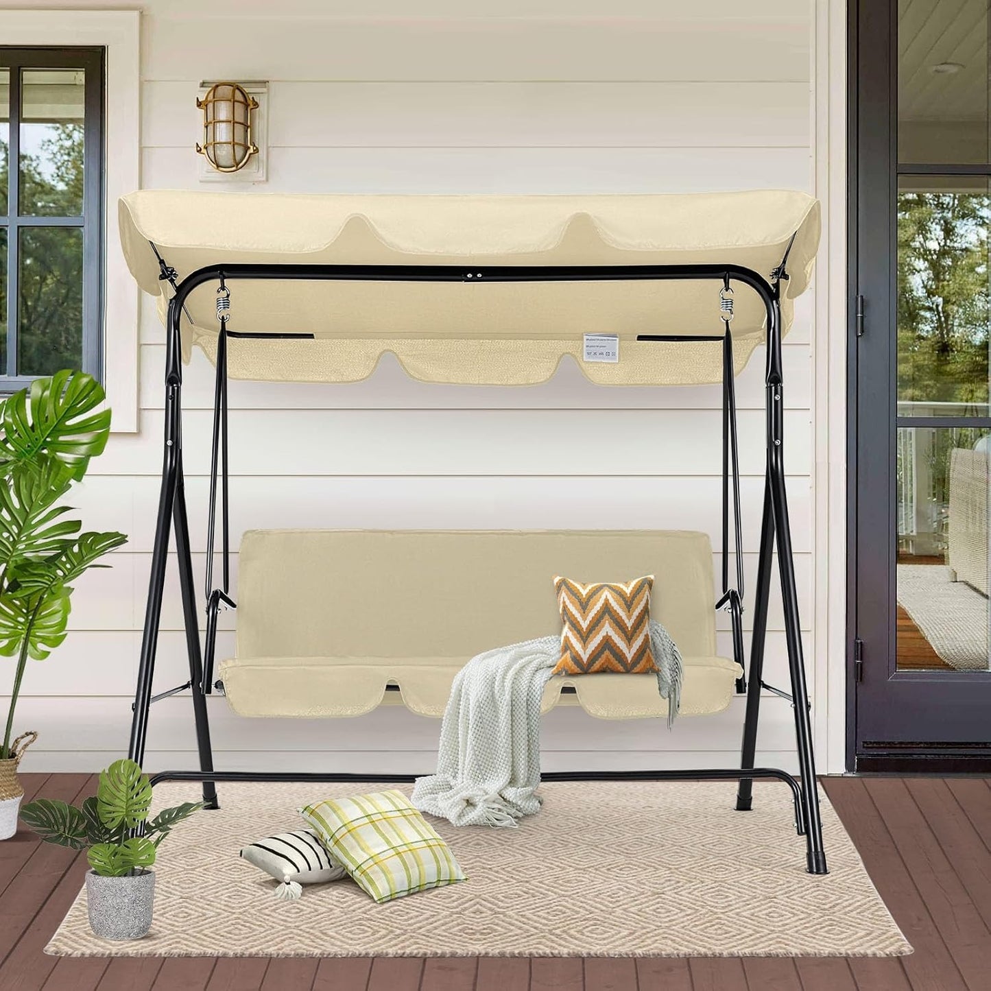 YODOLLA 3-Seat Outdoor Patio Swing with Canopy, Beige