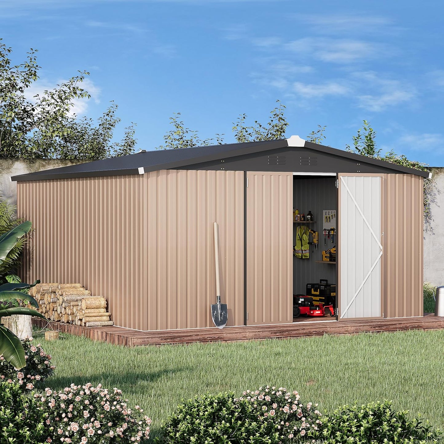 YODOLLA 10' x 10' Shed Outdoor Storage Shed with Lockable Doors, Brown