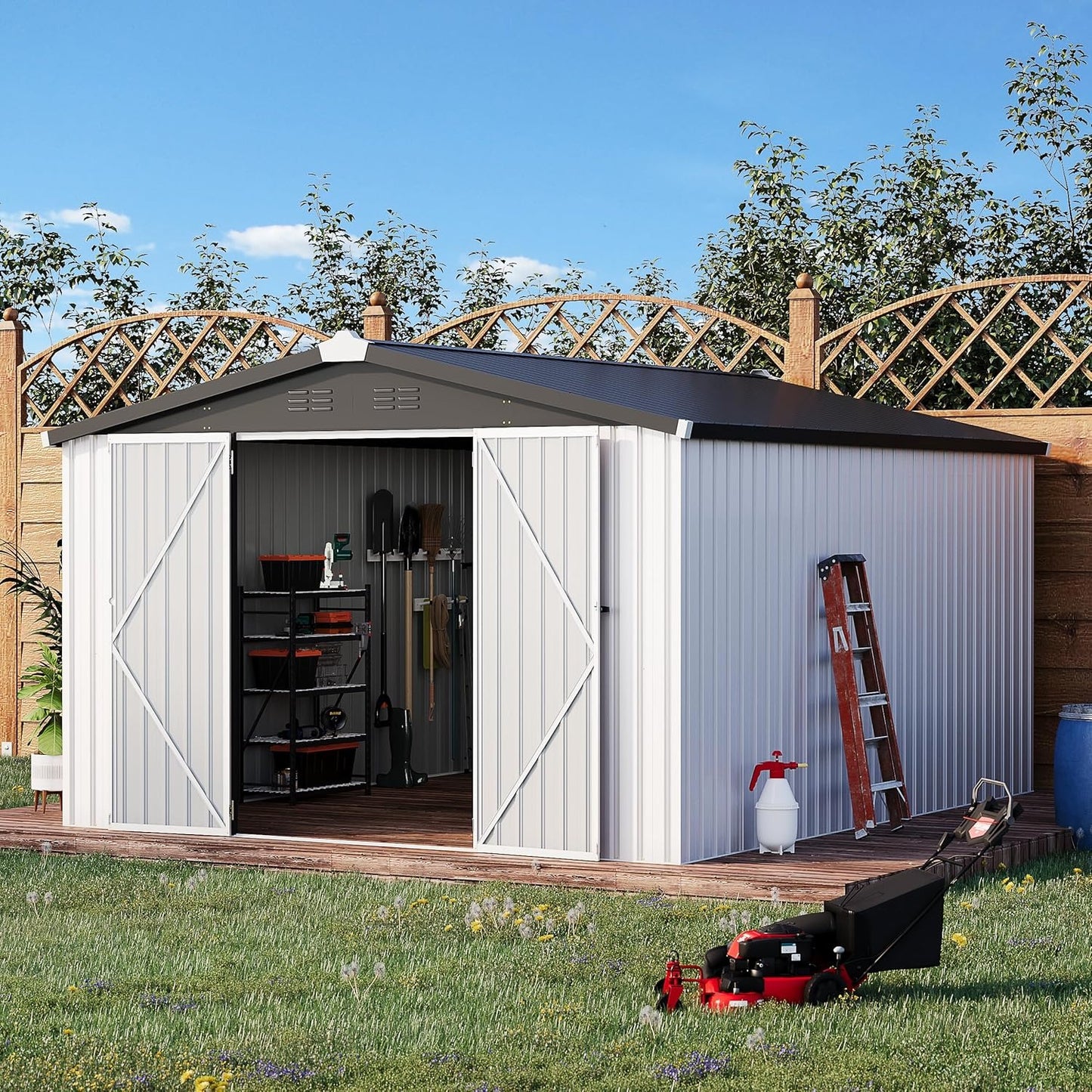 YODOLLA 10x14 Metal Outdoor Storage Garden Shed, White