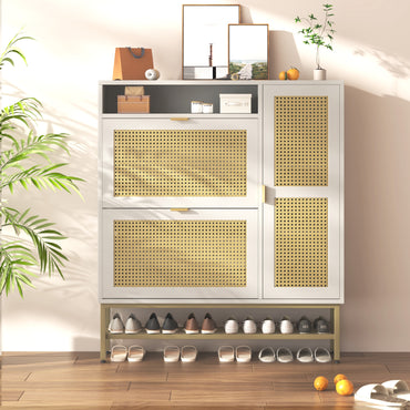 YODOLLA Rattan Shoe Cabinet with 3 Flip Drawers, Brown