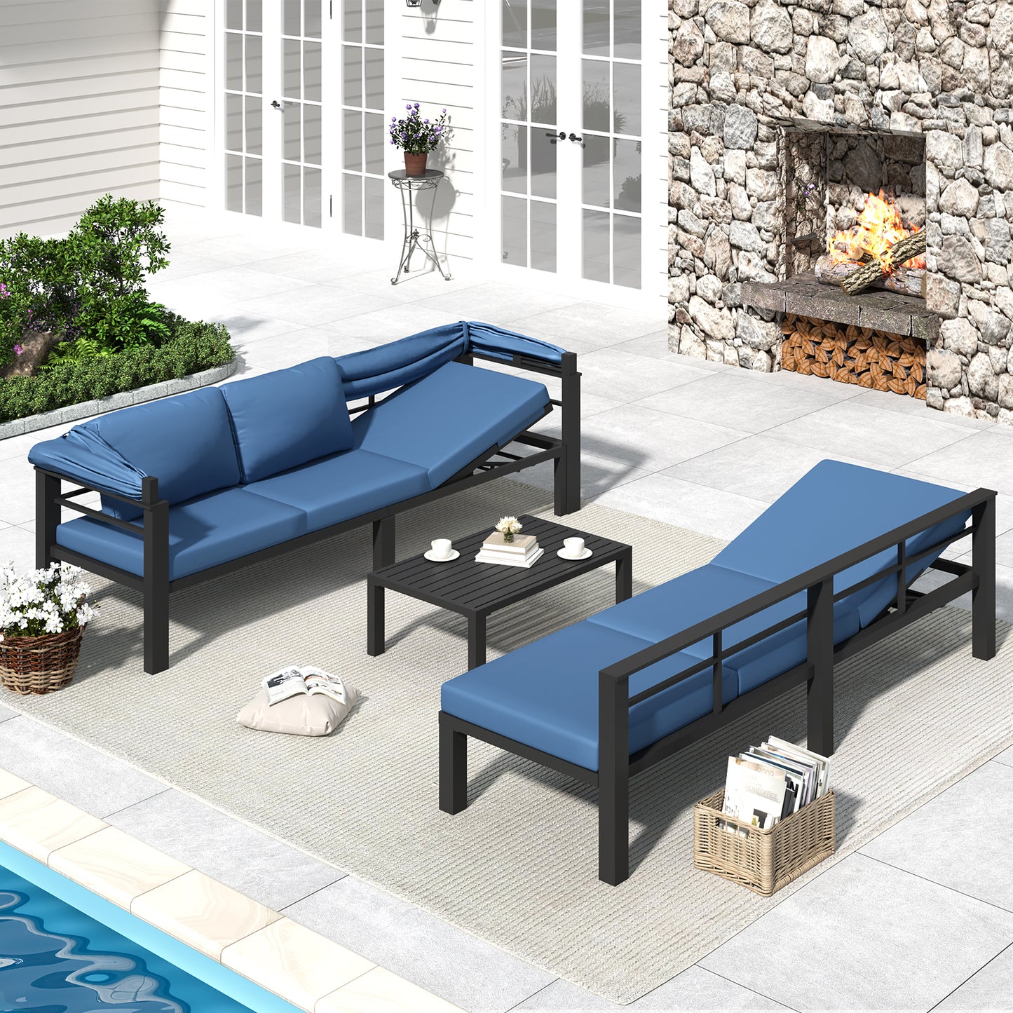 YODOLLA Patio Furniture Set with Retractable Canopy, Dark Blue